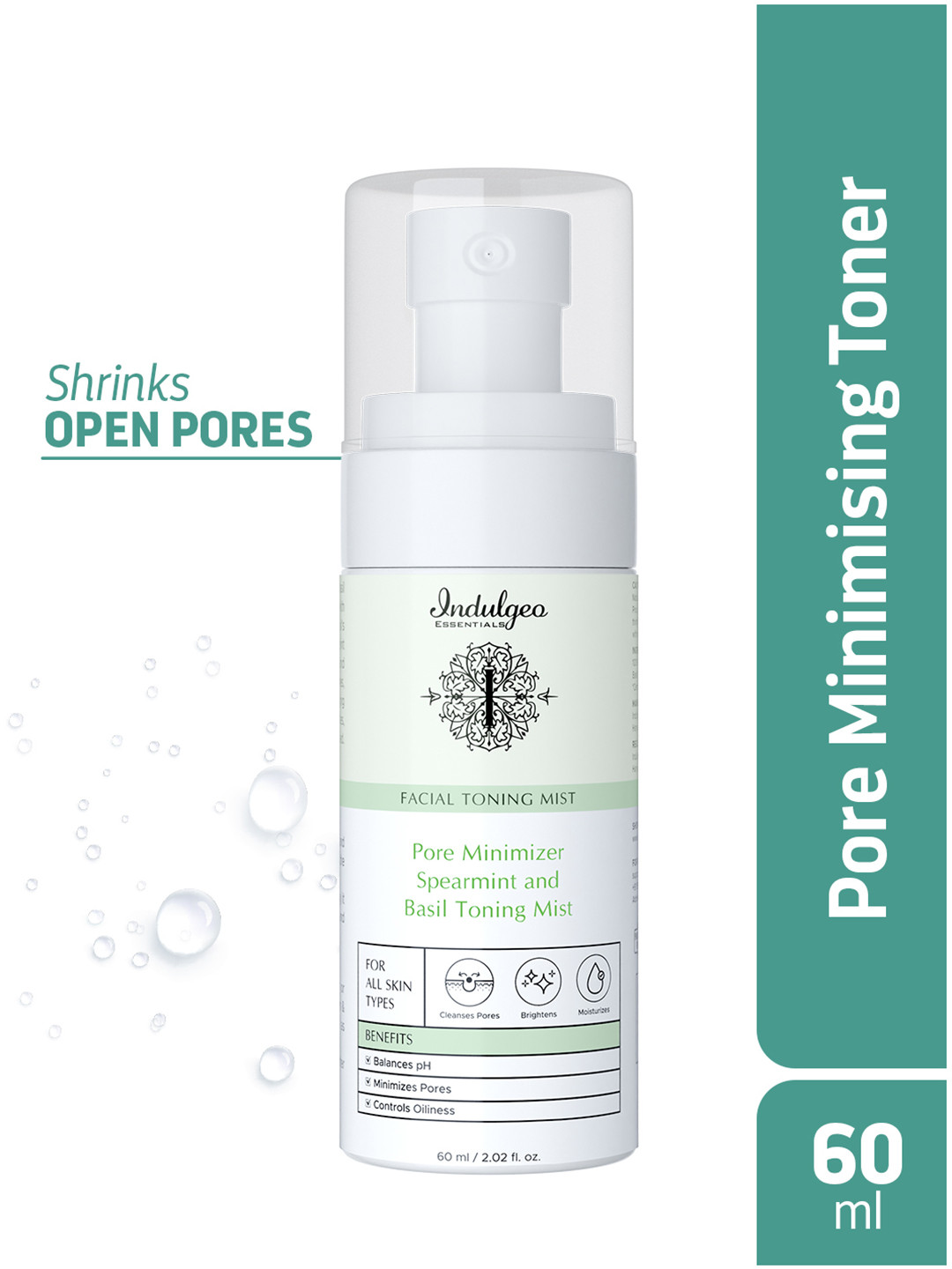 Indulgeo Essentials Pore Minimizer Spearmint, Basil & Witch Hazel Toning Mist - 60 ml