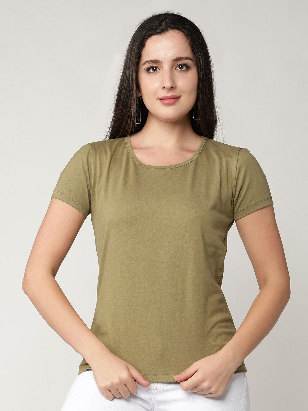 CLUB A9 Women Olive Green Pure Cotton Bio Finish T-shirt