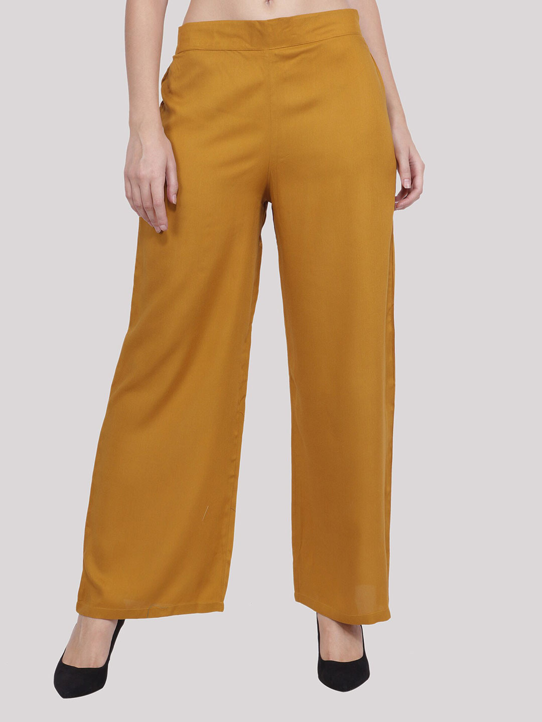 Popwings Women Mustard Yellow Solid Knitted Palazzos