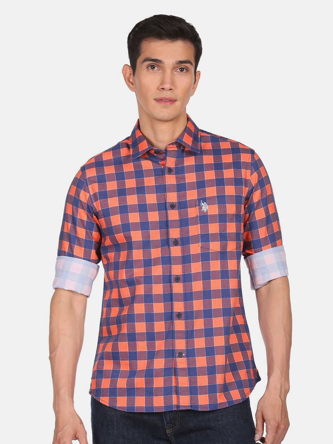 U S Polo Assn Men Orange, Navy Buffalo Checks Casual Shirt