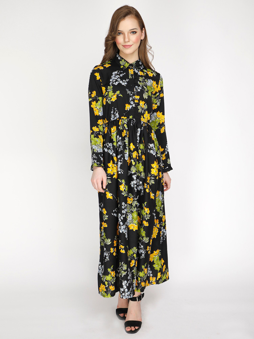 shashvi Black & Yellow Floral Crepe Shirt Maxi Dress