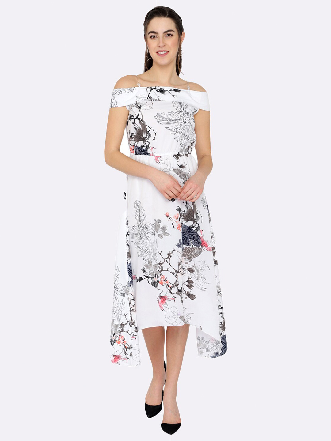 shashvi White Floral Off-Shoulder Crepe A-Line Midi Dress