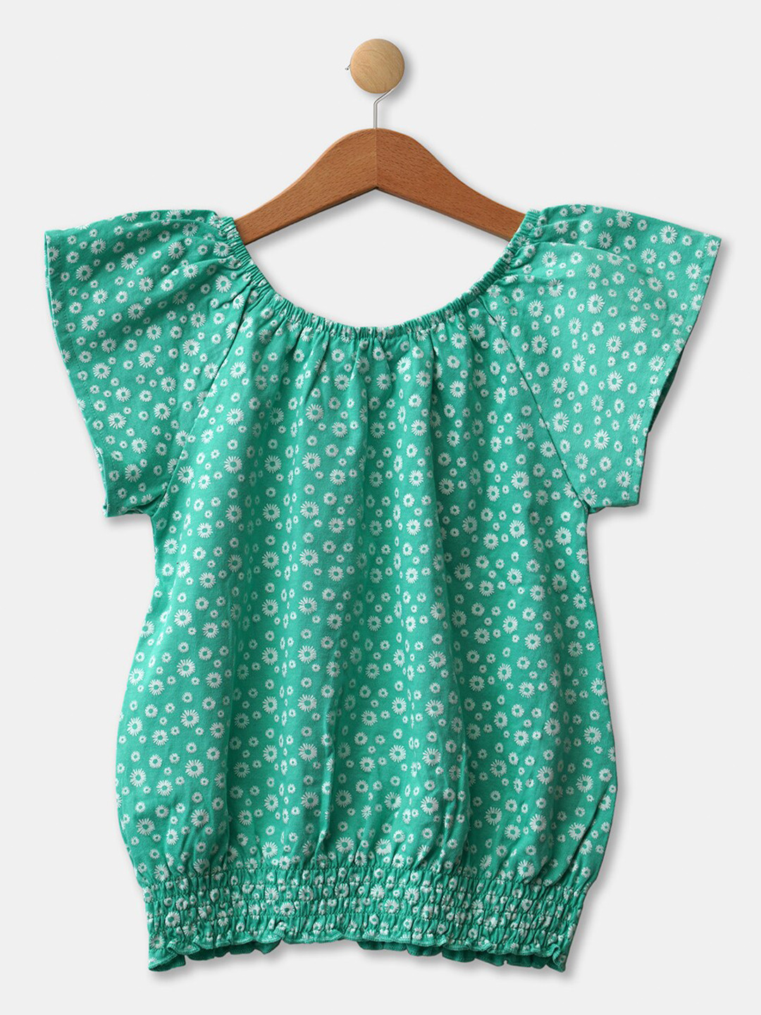 R&B Green Floral Printed Cinched Waist Top