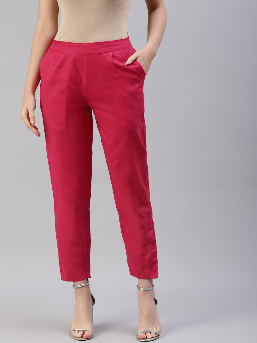 IRIDAA JAIPUR Women Pink Cotton Flax Solid Straight Trouser