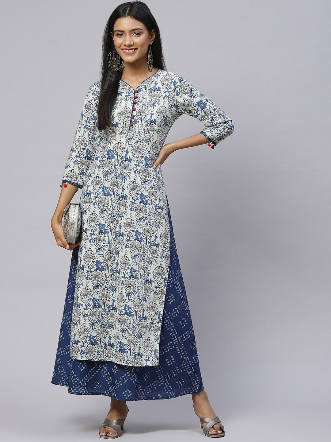 IRIDAA JAIPUR White & Blue Ethnic Motifs Ethnic Maxi Dress
