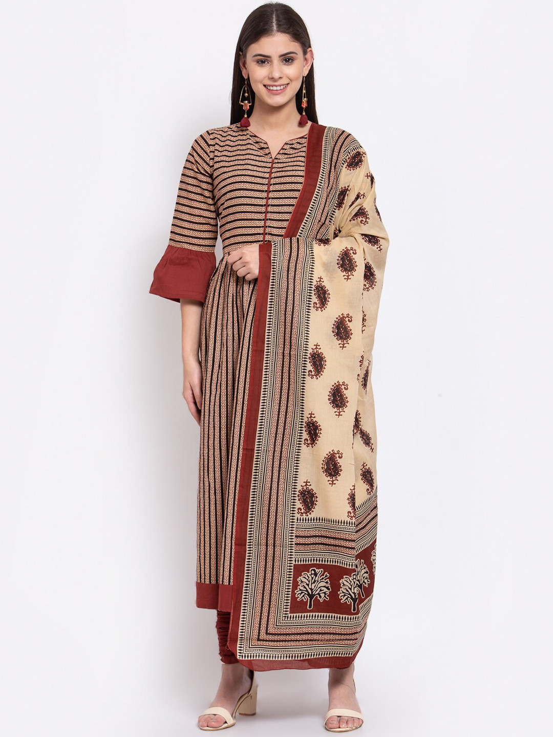 IRIDAA JAIPUR Women Brown and Beige Printed Pleated Pure Cotton Kurta Set With Dupatta