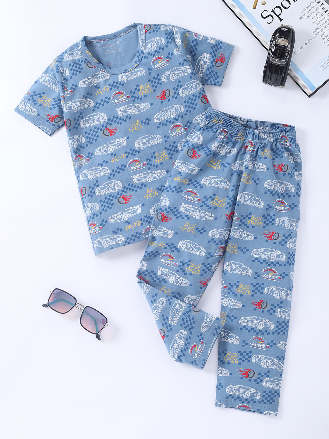 FUNKRAFTS Boys Blue Racing Car Printed Pure Cotton Night suit