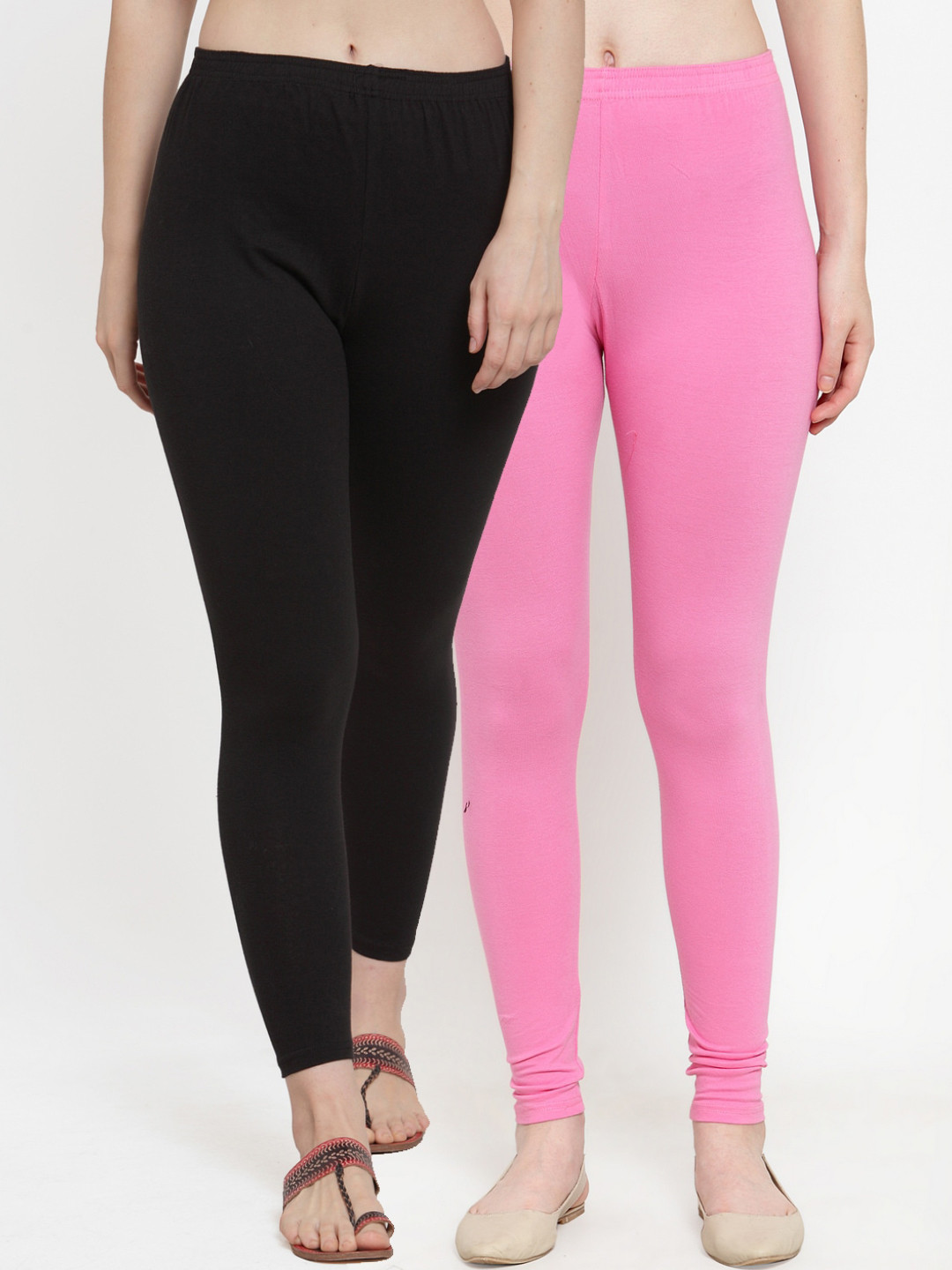 GRACIT Women Pack of 2 Black & Light Pink Solid Ankle-Length Leggings