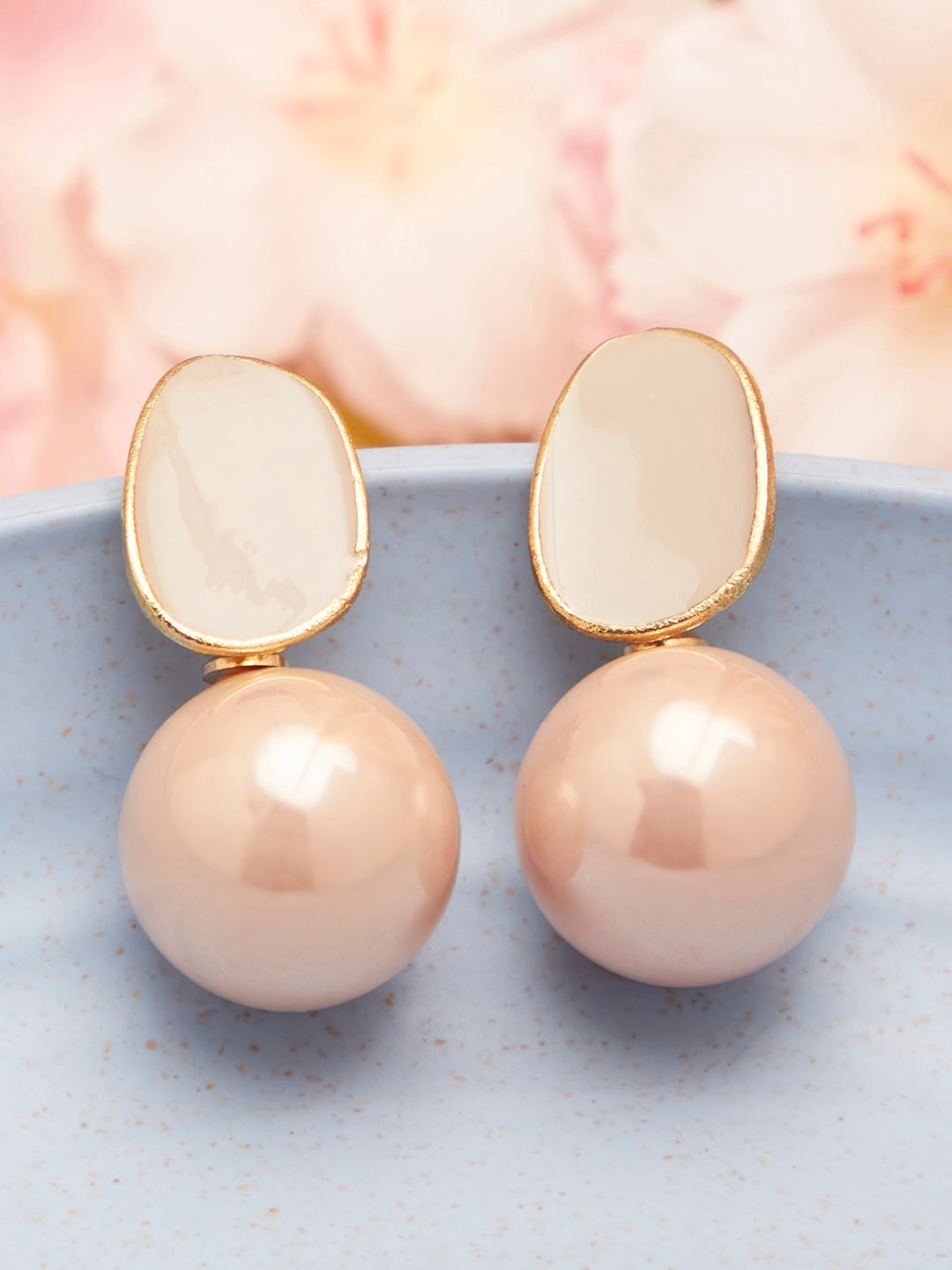 SOHI Gold-Toned & Peach-Coloured Gold-plated Circular Pearls Drop Earrings