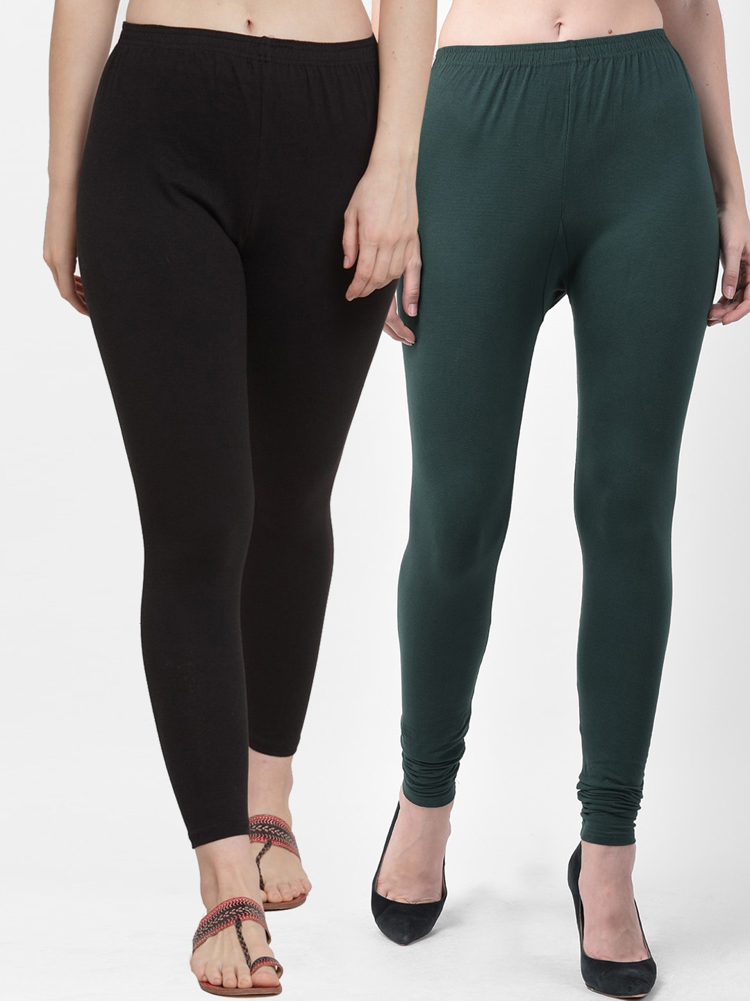 Jinfo Women Solid Black& Bottle Green Ankle-Length Super combed Pack Of 2 Cotton Leggings