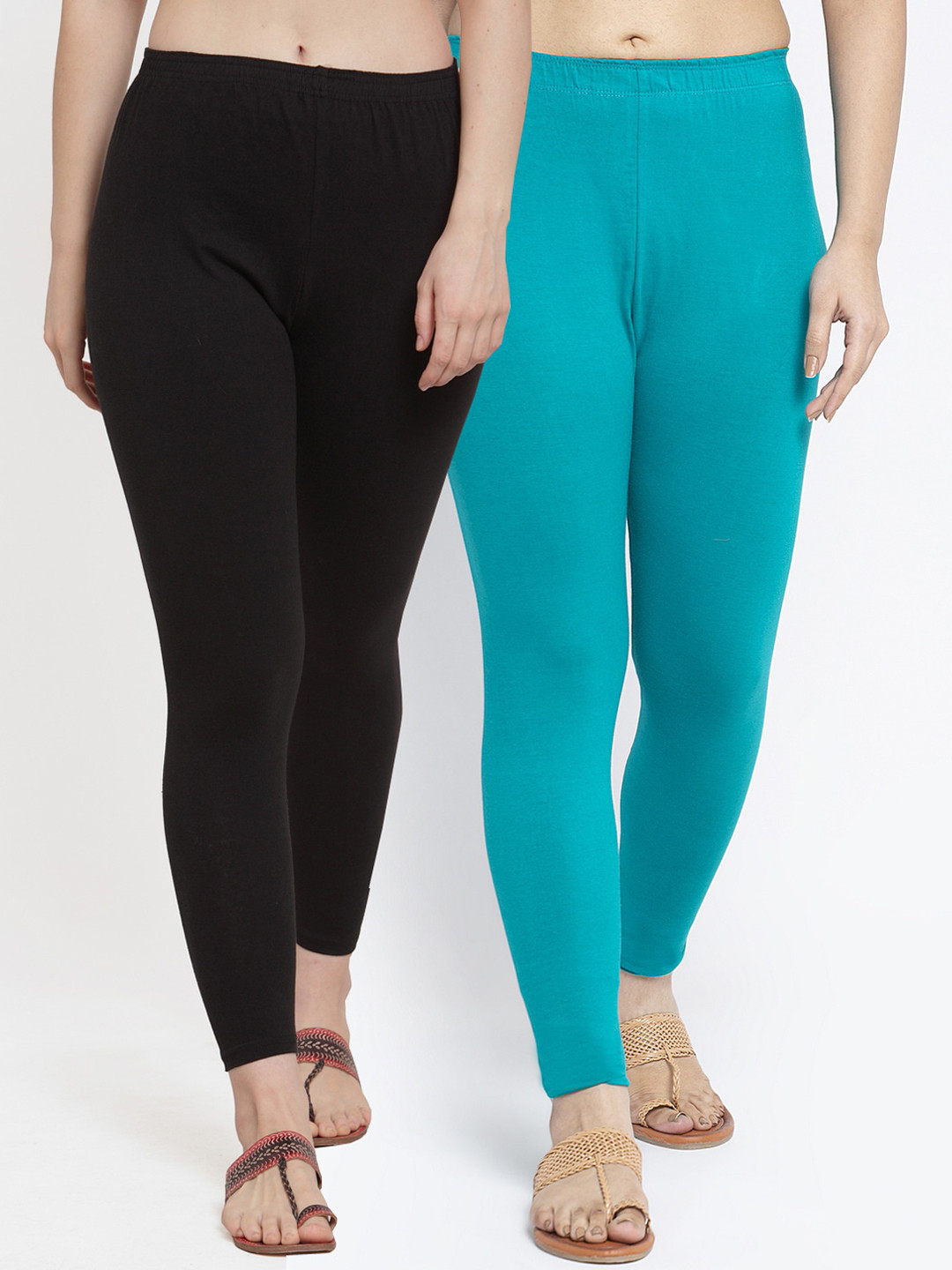 Jinfo Women Pack Of 2 Solid Black & Light Blue Pure Cotton Ankle Length Leggings