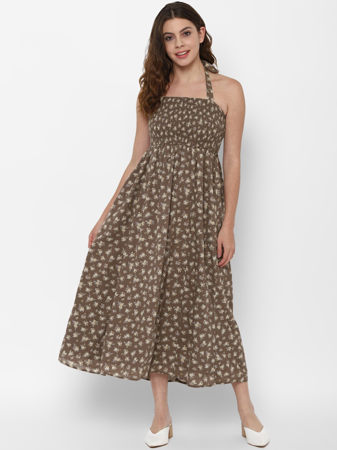 AMERICAN EAGLE OUTFITTERS Brown Floral Tie-Up Neck Smocked Pure Cotton Midi Dress