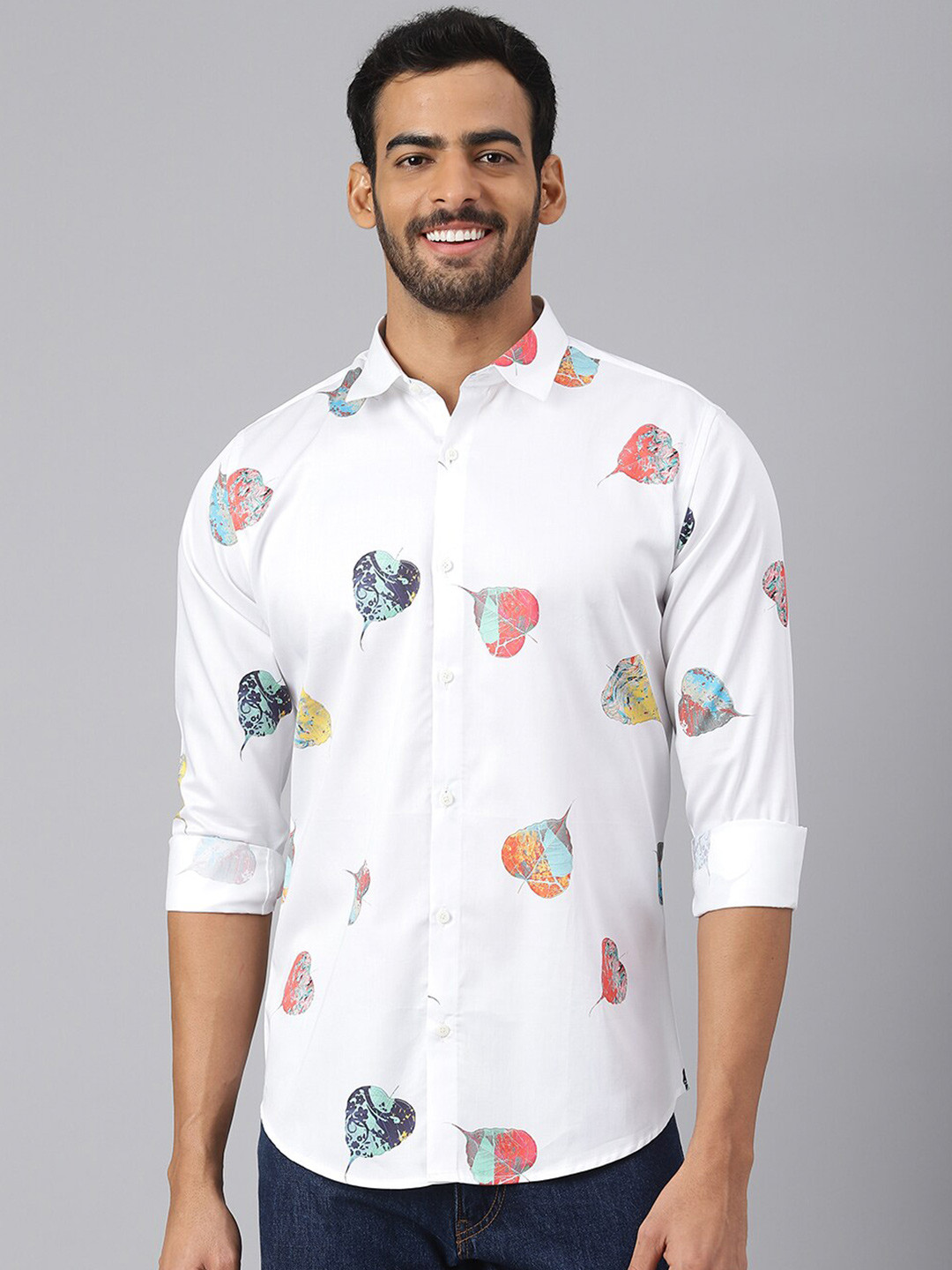 MR BUTTON Men White Slim Fit Printed Casual Shirt