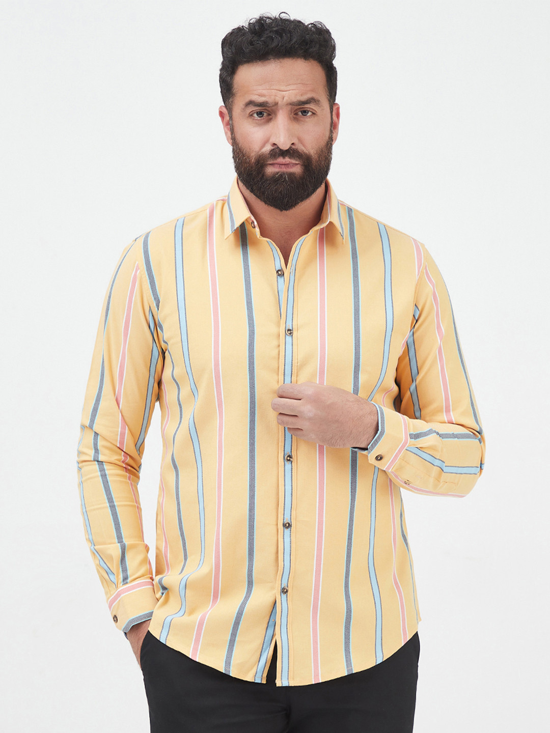 MR BUTTON Men Yellow Slim Fit Striped Cotton Casual Shirt