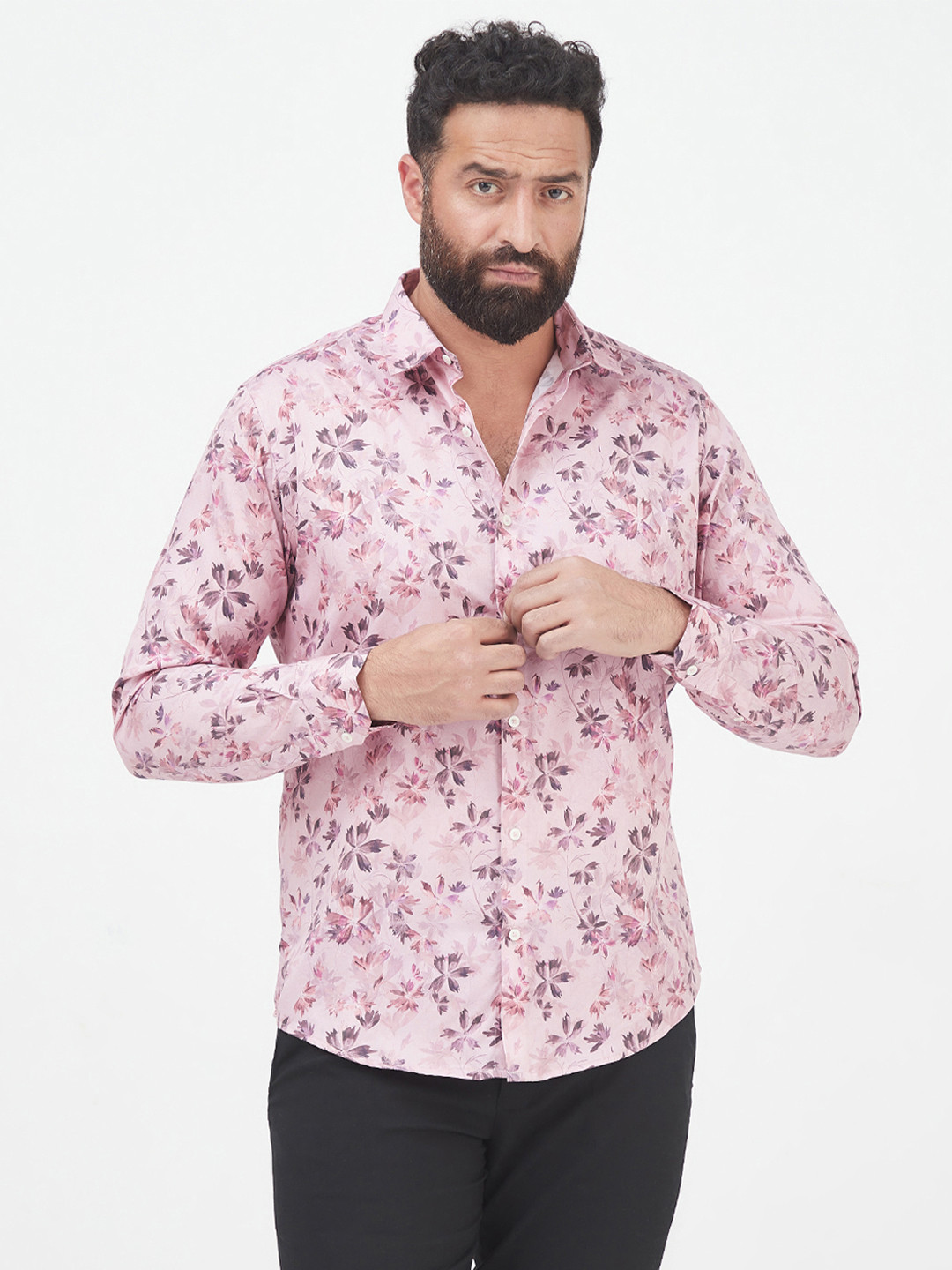 MR BUTTON Men Pink Slim Fit Floral Printed Casual Shirt