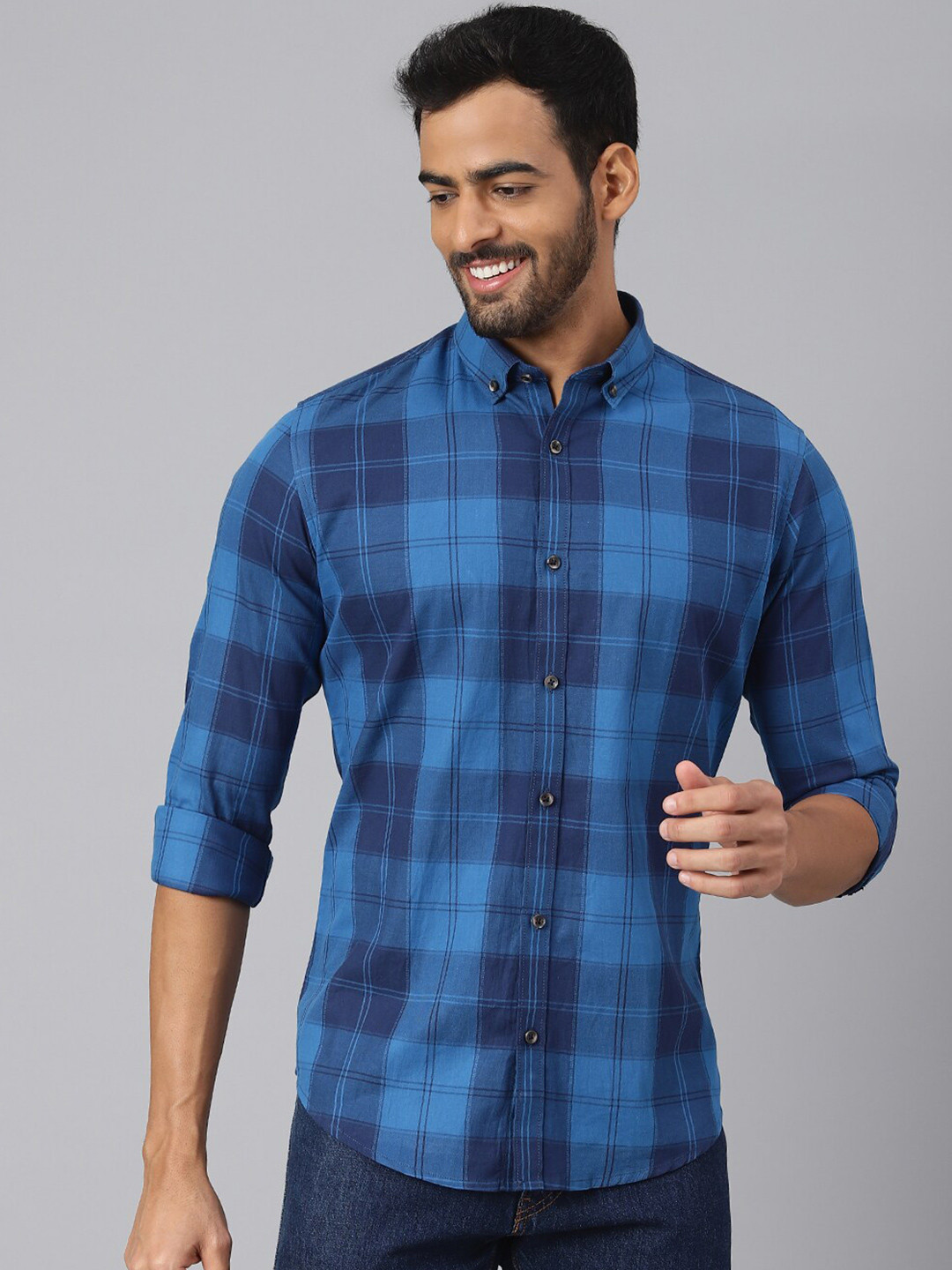 MR BUTTON Men Blue Slim Fit Buffalo Checks Casual Shirt