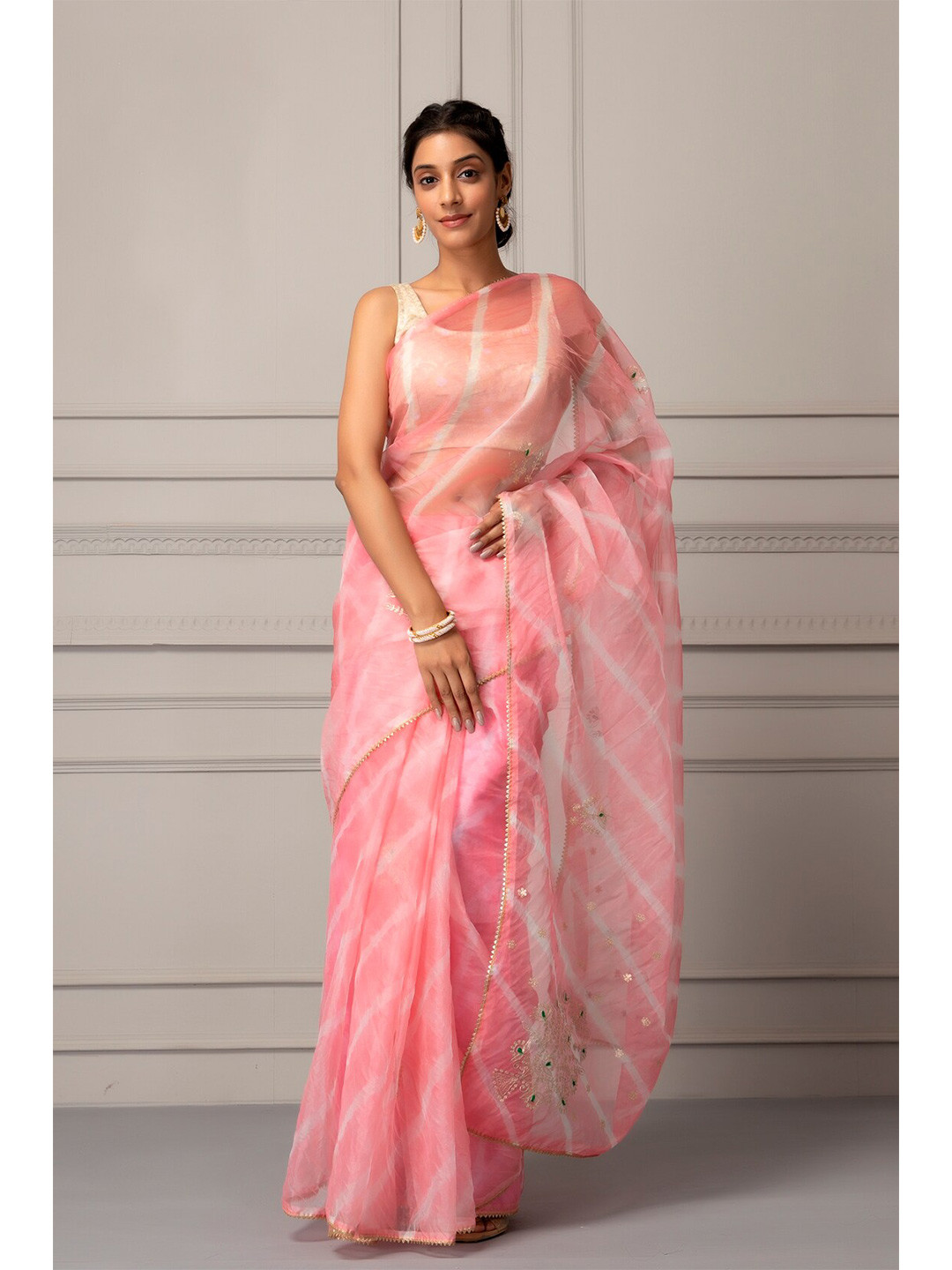 Geroo Jaipur Light Pink & White Leheriya Aari Work Organza  Leheriya Saree