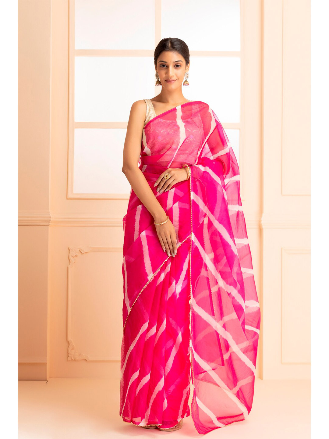 Geroo Jaipur Women Magenta & White Gotta Patti Organza  Leheriya Saree