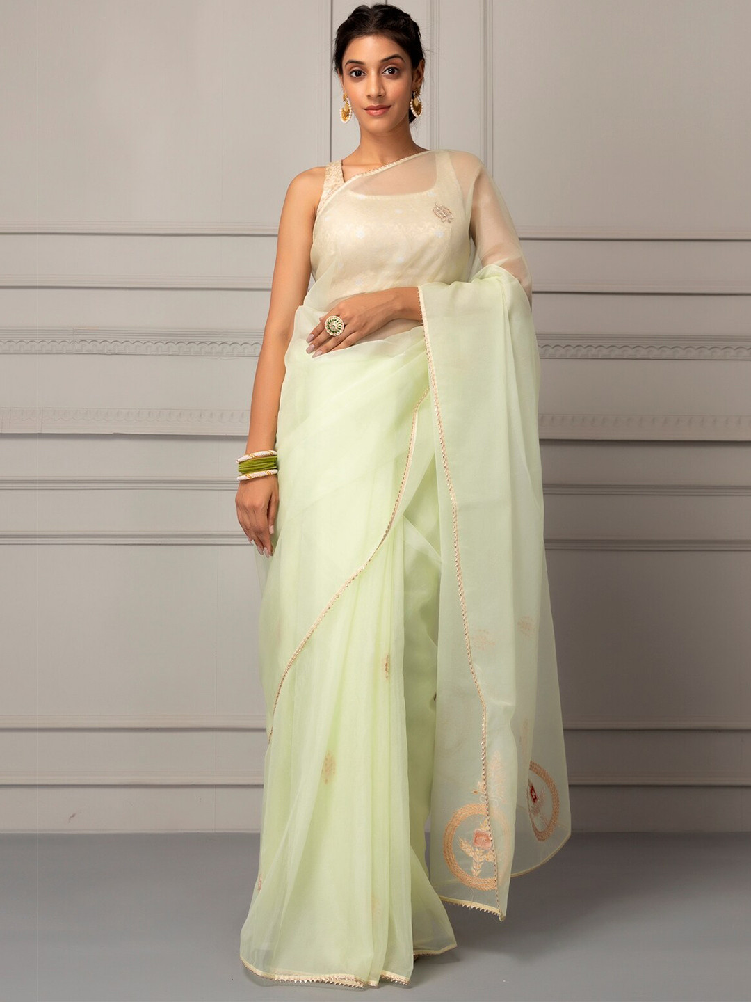 Geroo Jaipur Sea Green & Silver-Toned Embellished Gotta Patti Organza  Saree