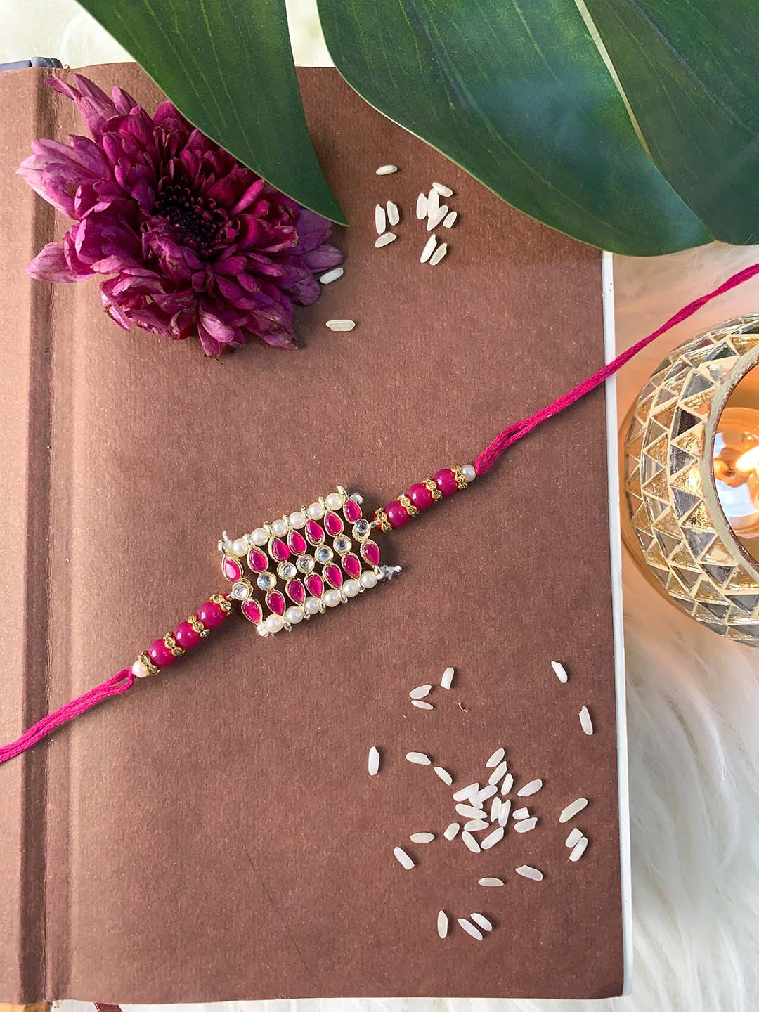 I Jewels Men Pink & White Stone Studded Pearl Beaded Rakhi