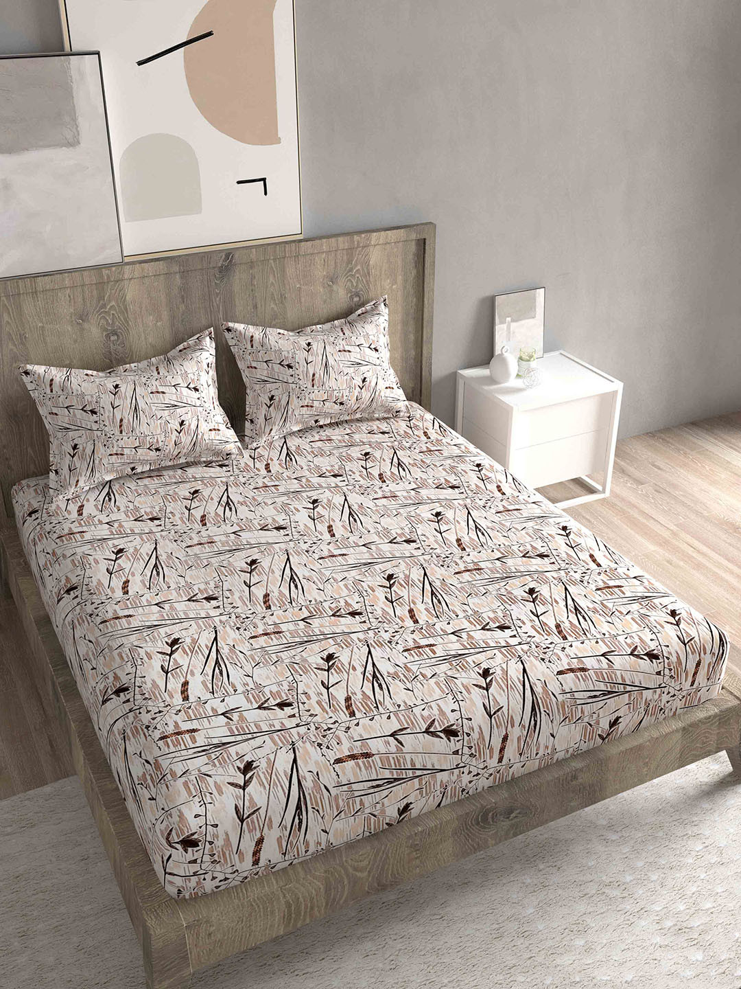 Spangle Brown Floral Cotton 280 TC King Fine Bedsheet with 2 Pillow Covers-108 x 108 inches