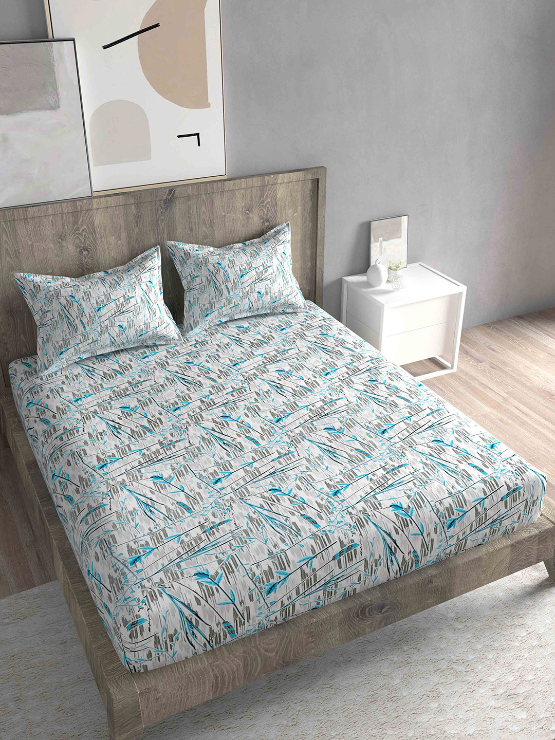Spangle Blue Floral Cotton 260 TC Fitted King Fine Bedsheet with 2 Pillow Covers-108 x 108 inches