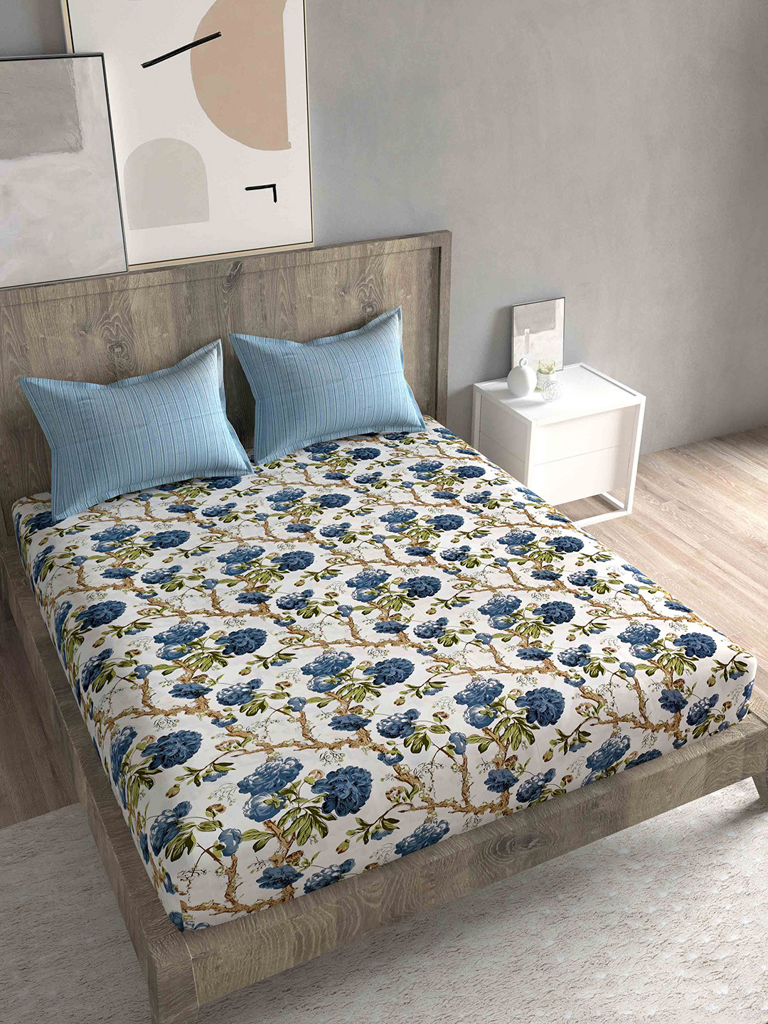 Spangle Blue Floral Cotton 260 TC Fitted King Fine Bedsheet with 2 Pillow Covers-108 x 108 inches