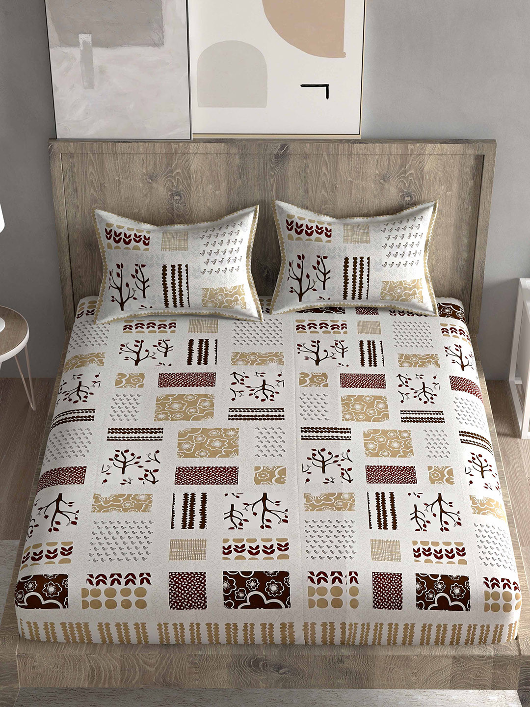 Spangle Grey Graphic Cotton 280 TC Fitted King Fine Bedsheet with 2 Pillow Covers-108 x 100 inches