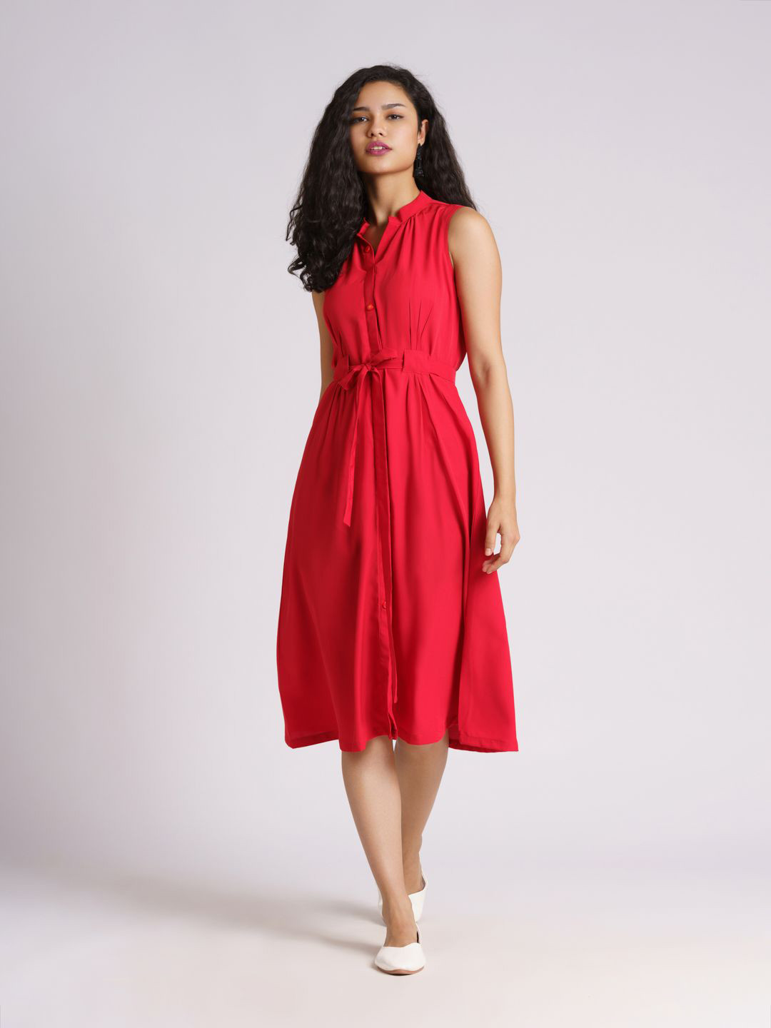 AASK Red Crepe Shirt Midi Dress