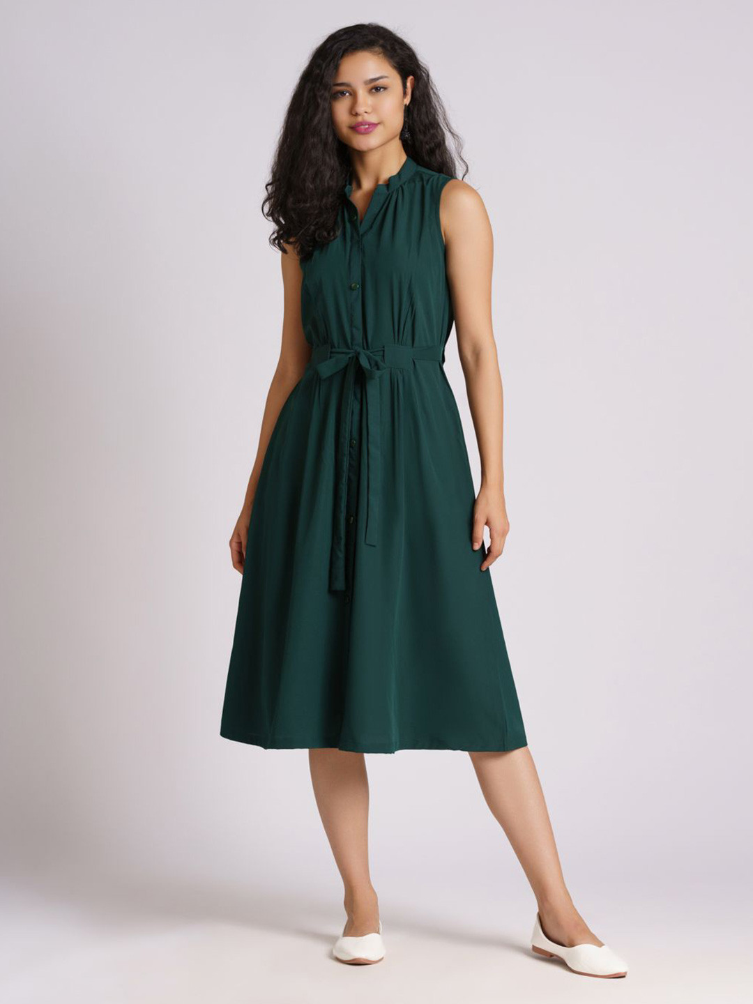 AASK Green & ponderosa pine Crepe A-Line Midi Dress