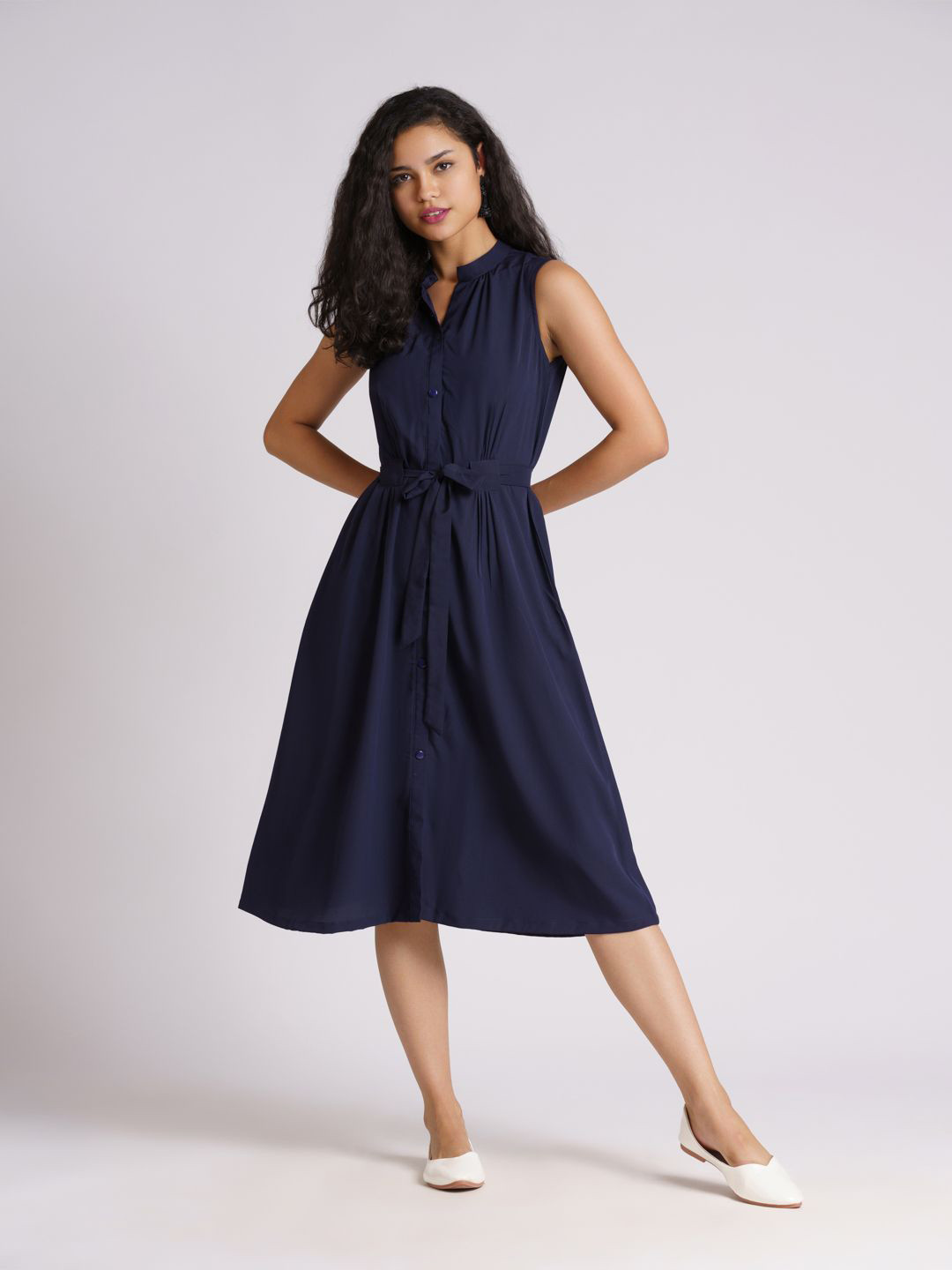 AASK Navy Blue & dark sapphire Crepe A-Line Midi Dress
