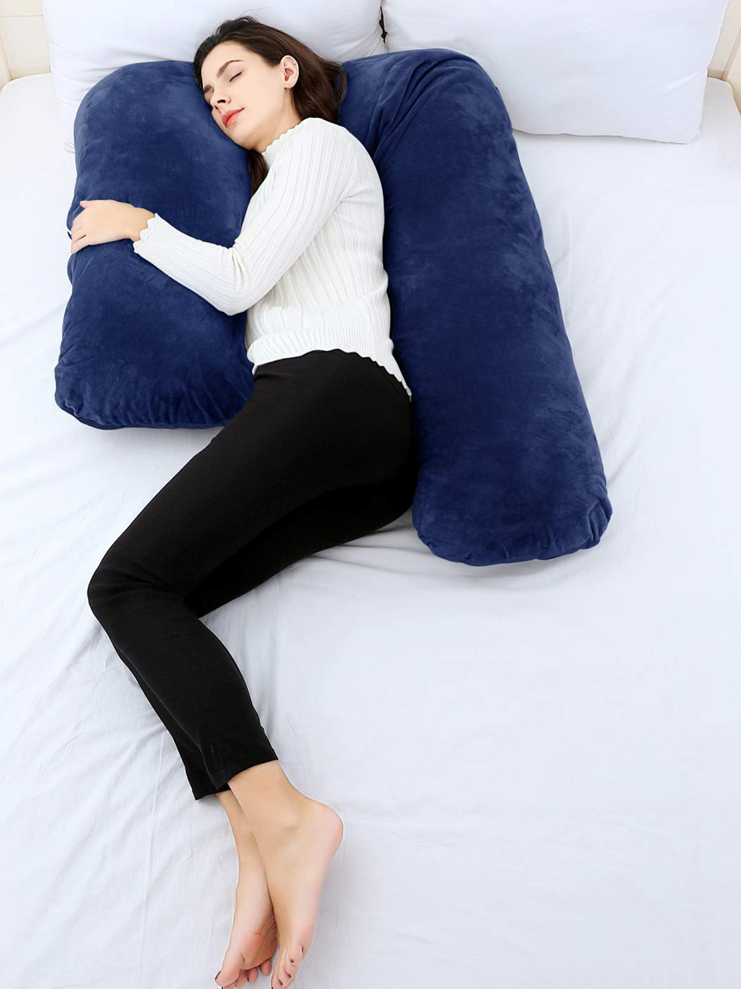 Pum Pum Hollow Fiber Navy Blue Solid Faux Velvet Medium Fibre Maternity Pillow-25 x 101 x 130 cm