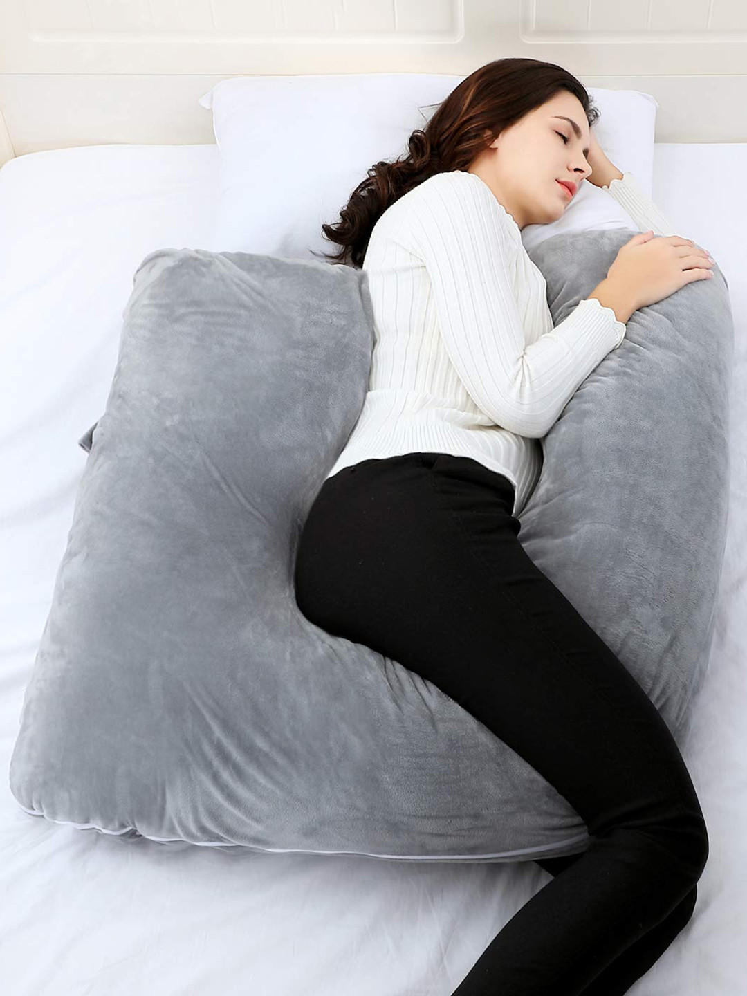 Pum Pum Hollow Fiber Grey Solid Faux Velvet Medium Fibre Maternity Pillow-139.7 x 38.1 x 25.4 cm