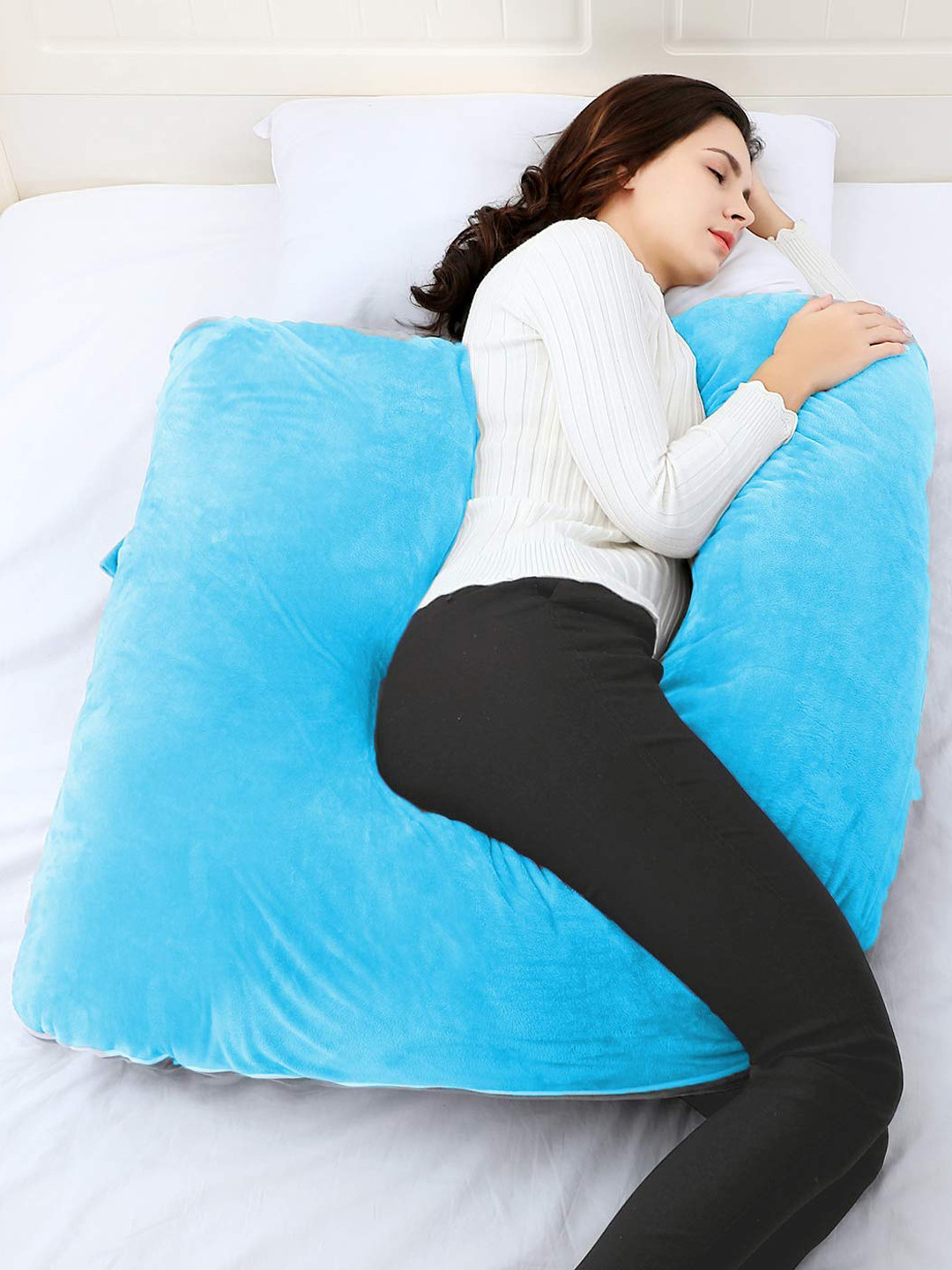 Pum Pum Hollow Fiber Blue Solid Faux Velvet Medium Fibre Maternity Pillow-13.9 x 76.2 cm