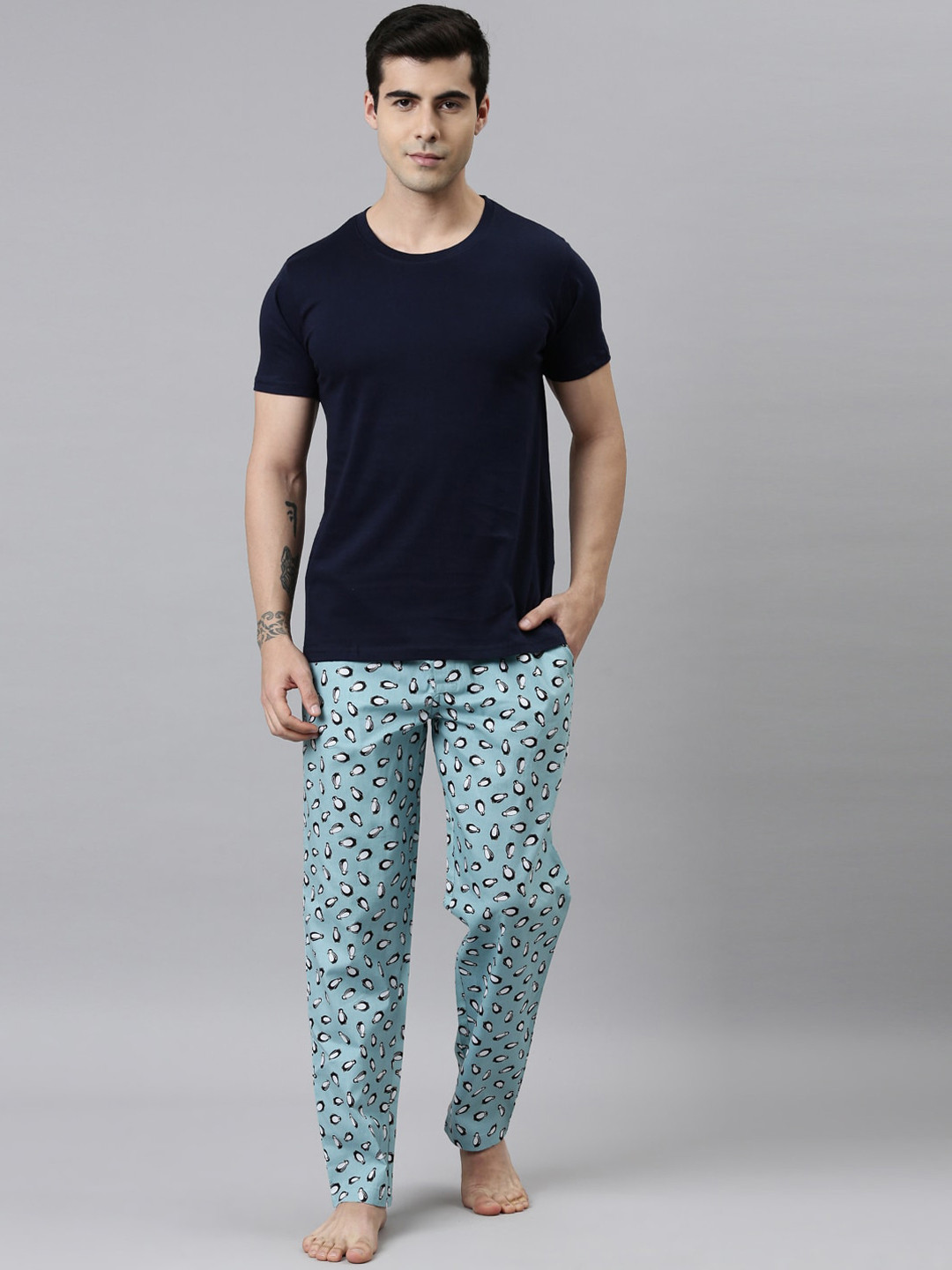 Joven Men Navy Blue & Sea Green Cotton Night Suit