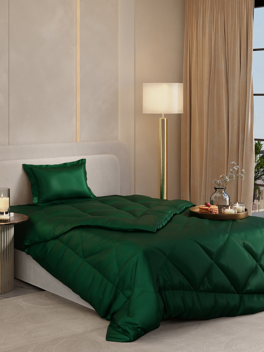 Stoa Paris Date Night Collection Green Solid AC Room 150 GSM Single Bed Ultra Silky Soft Satin Comforter