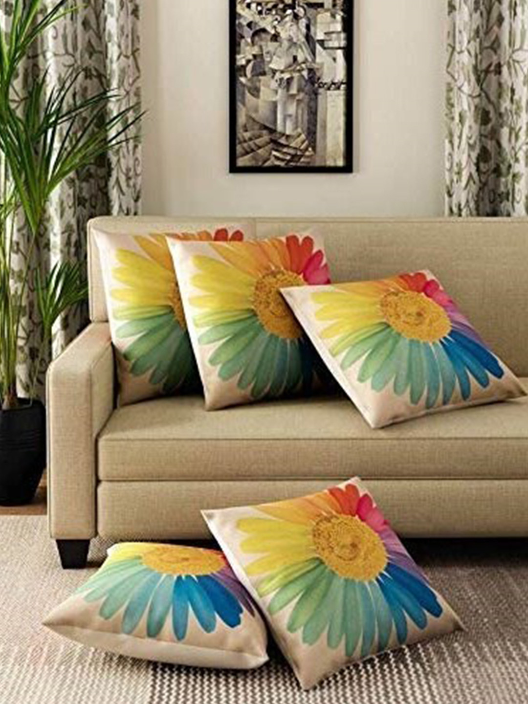 JDX Beige Cotton Washable 5 Piece Embroidered Square Cushion Covers -16x16In