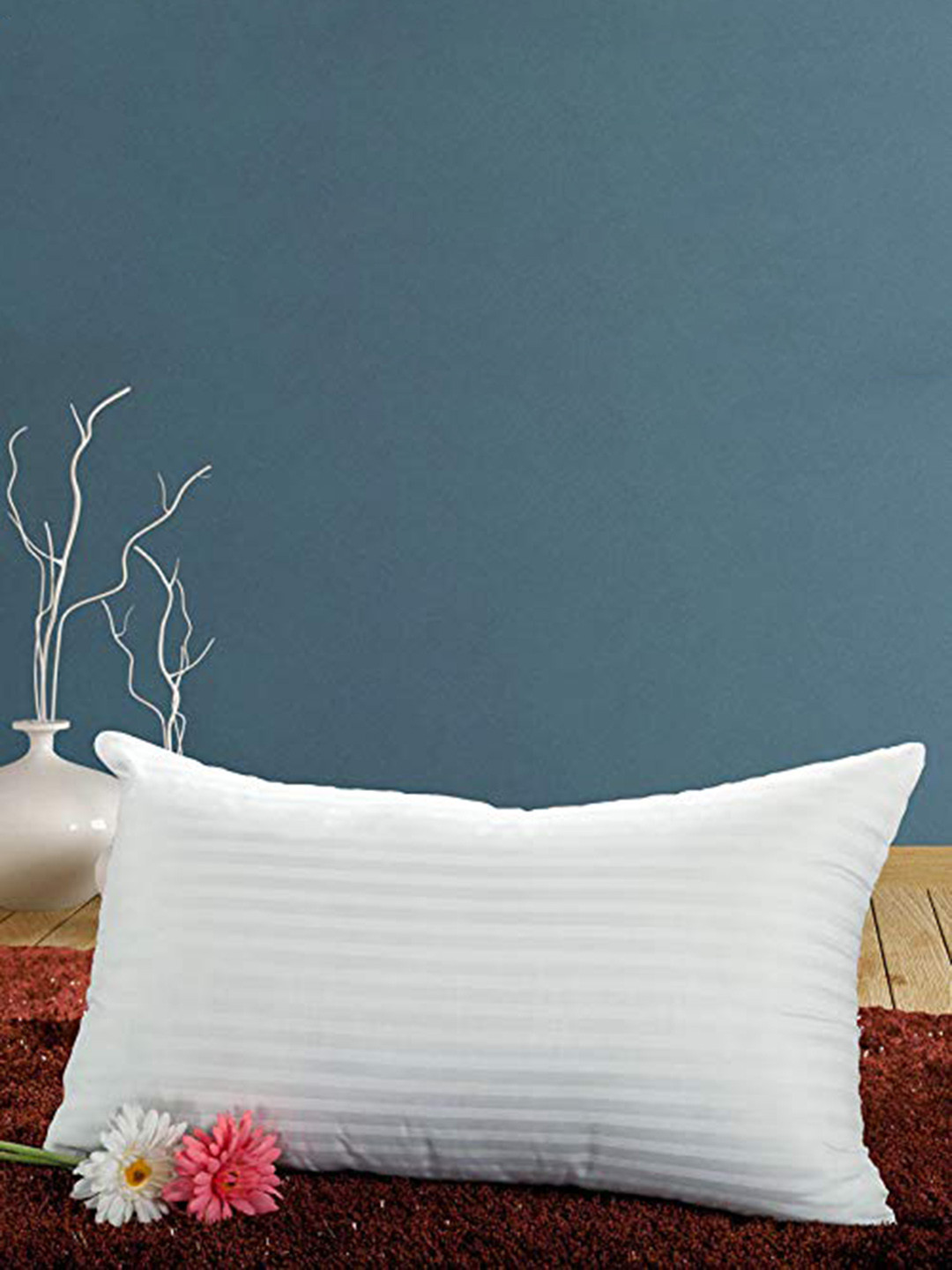 JD x Rectangular White Striped Polyester Set of 2 Medium Fibre Sleep Pillow-41 x 61 cm