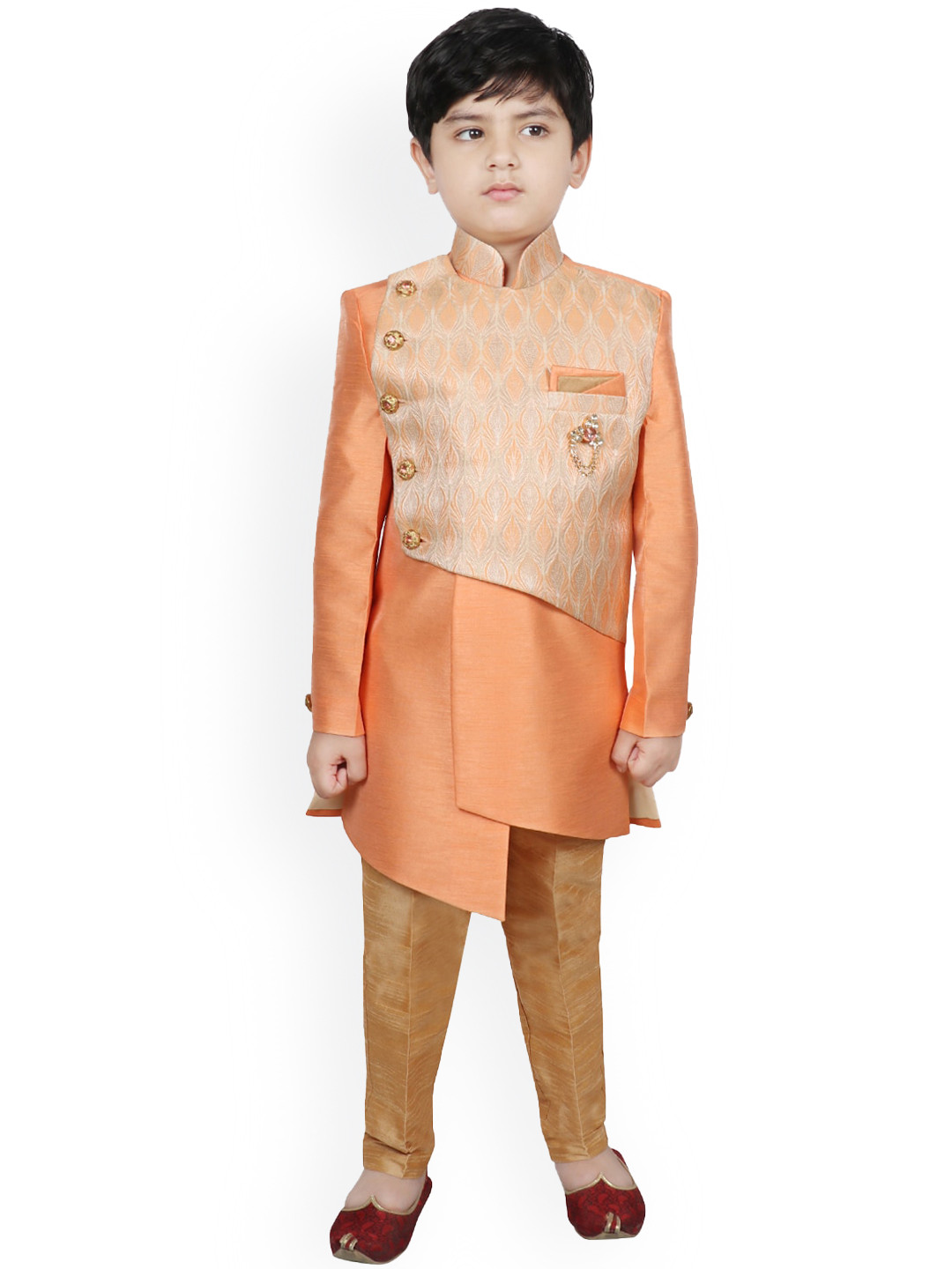 Boys Orange & Gold-Colour Raw-Silk Sherwan