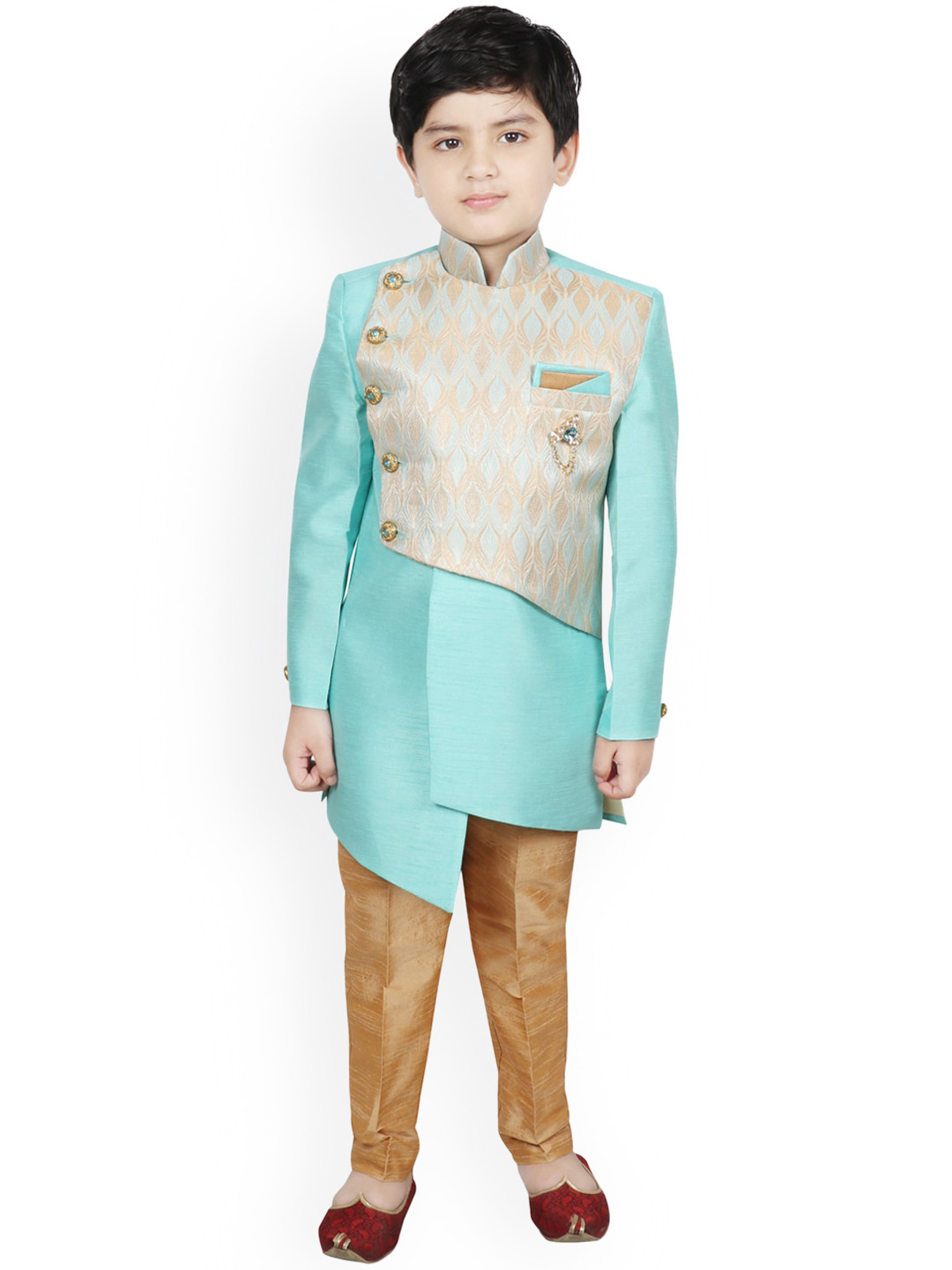SG YUVRAJ Boys Turquoise Blue Solid Sherwani Set