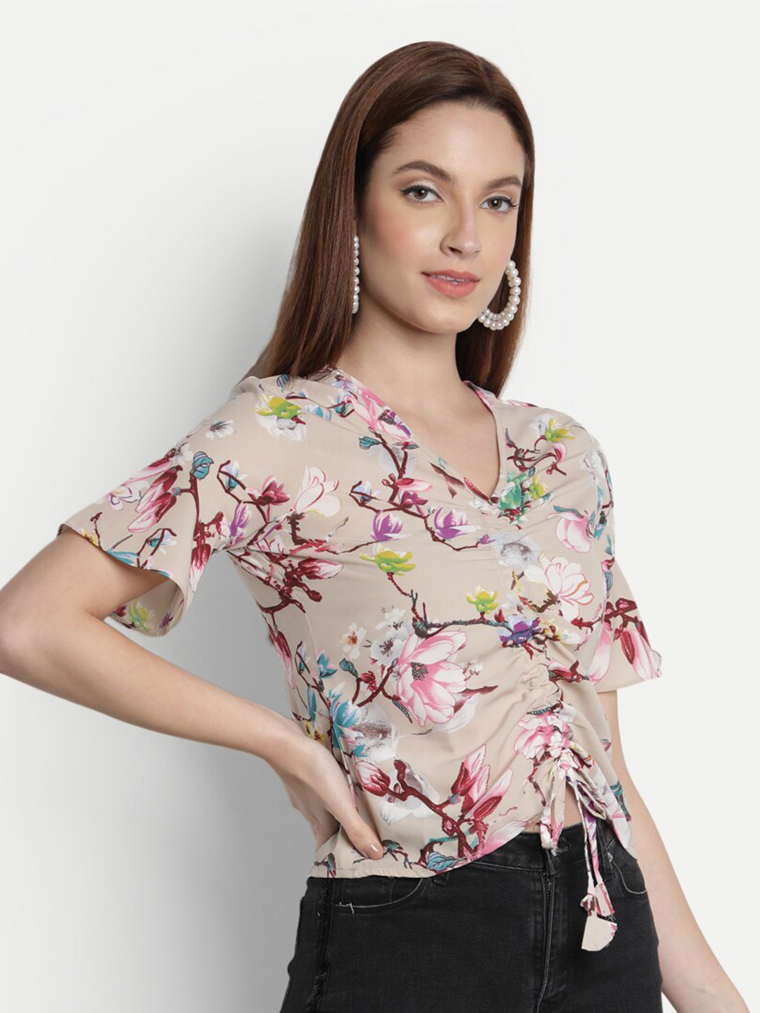 VIDE Grey Floral Print Applique Crepe Wrap Top