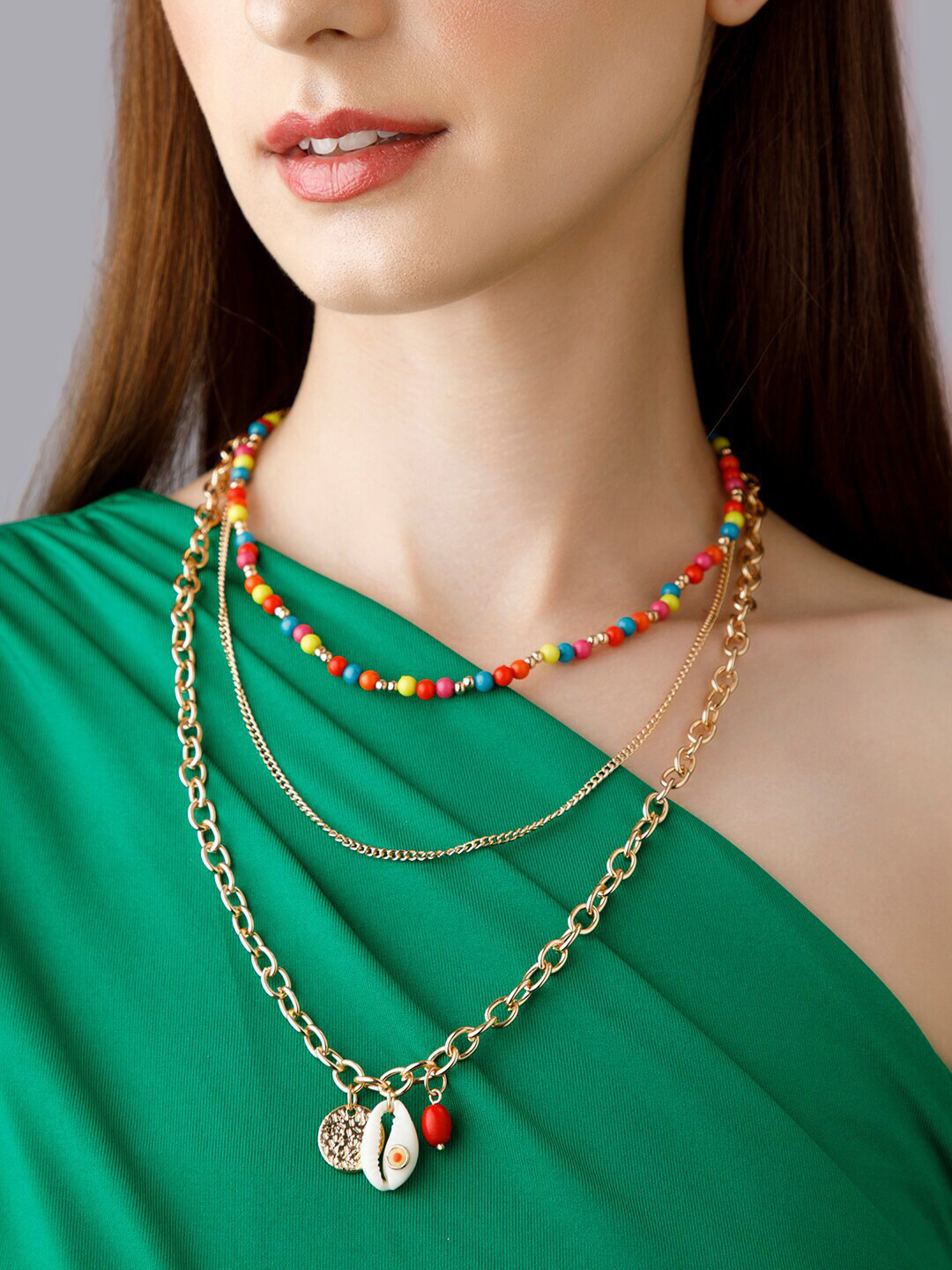 Rubans Voguish 18K Gold Plated Multi Color Beaded Triple Layered Stylish Necklace & Chains