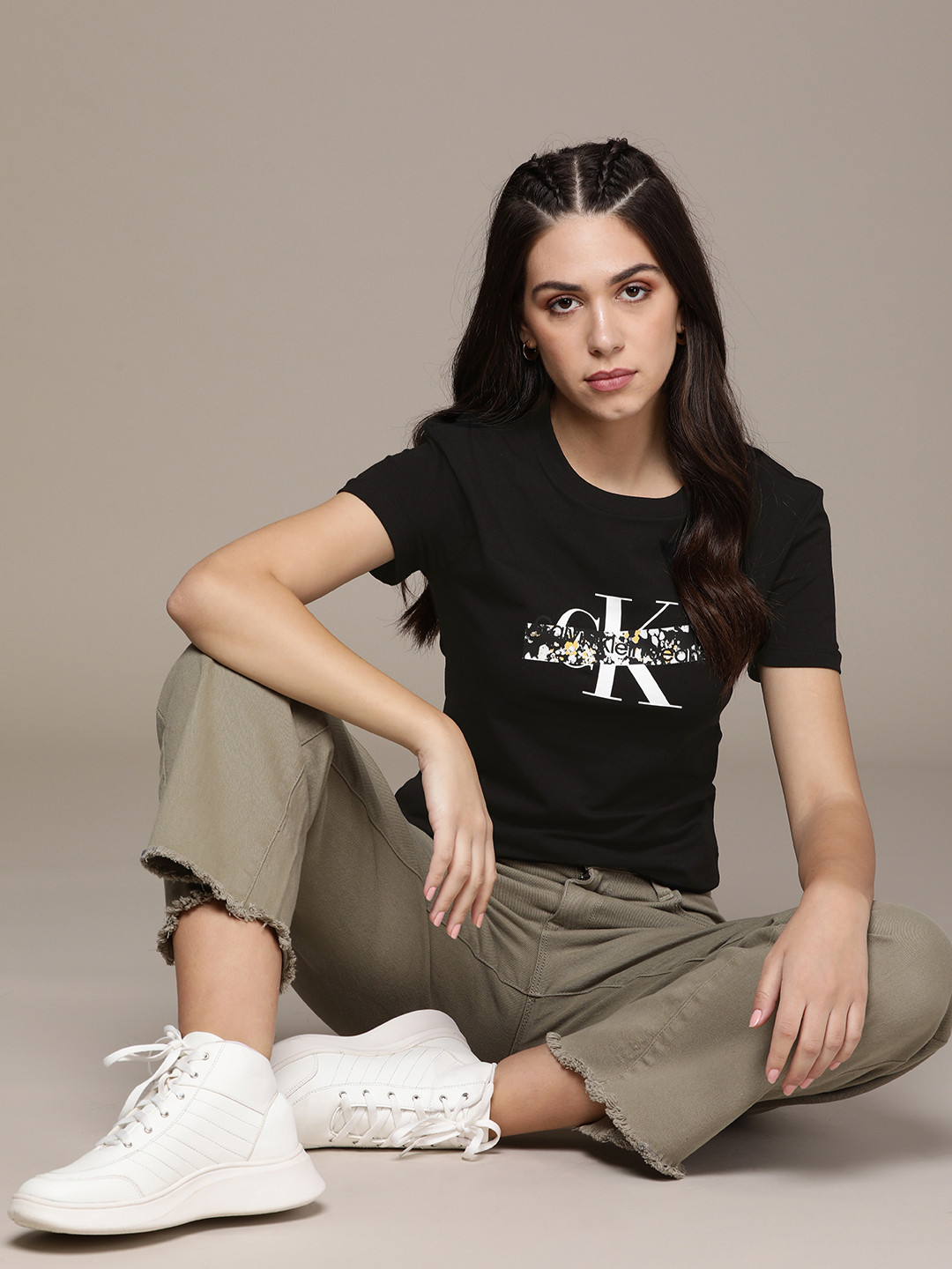 Calvin Klein Jeans Women Black Brand Logo Printed Applique Slim Fit T-shirt