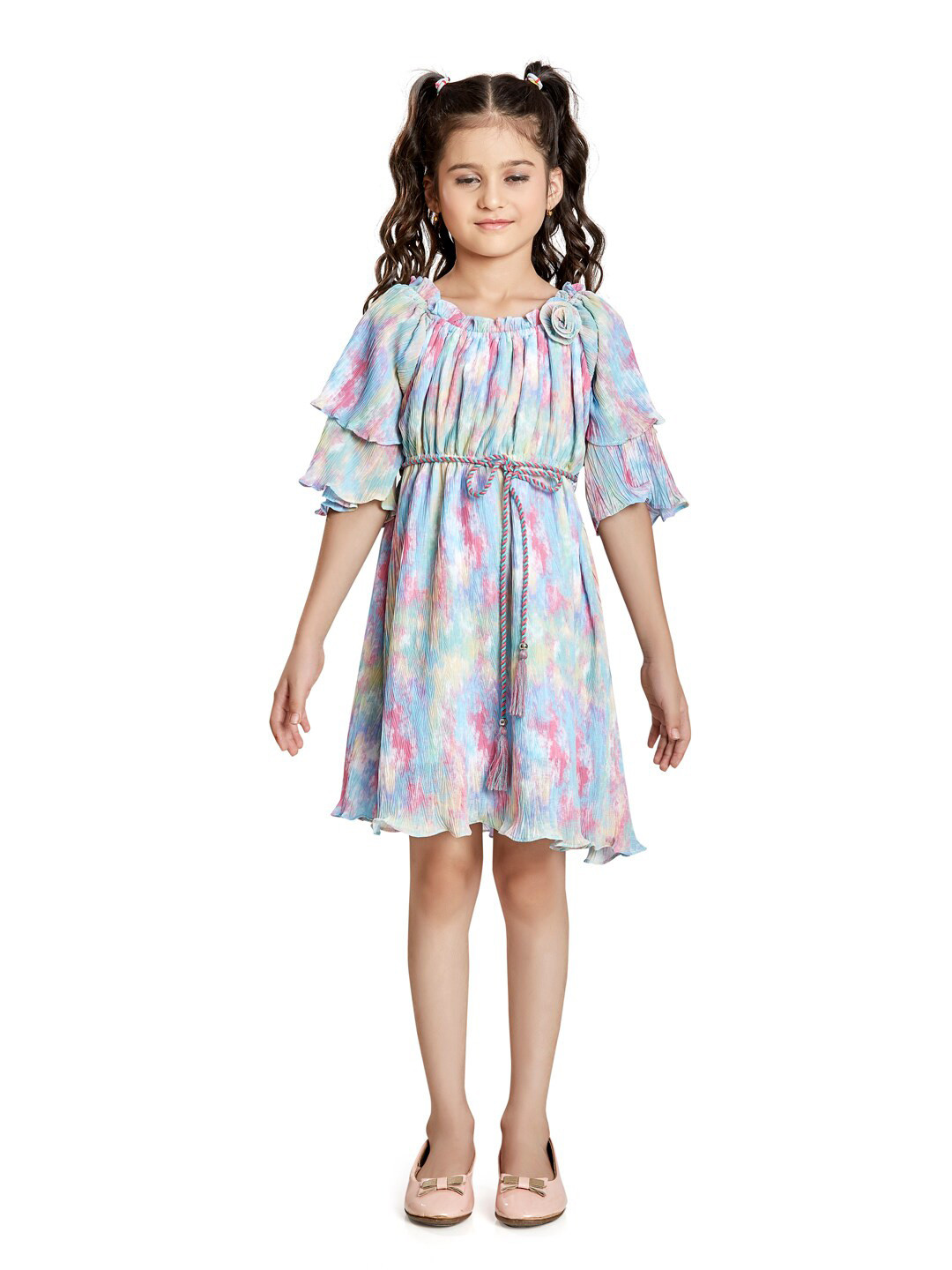 Peppermint Girls Blue Floral Printed Satin Dress