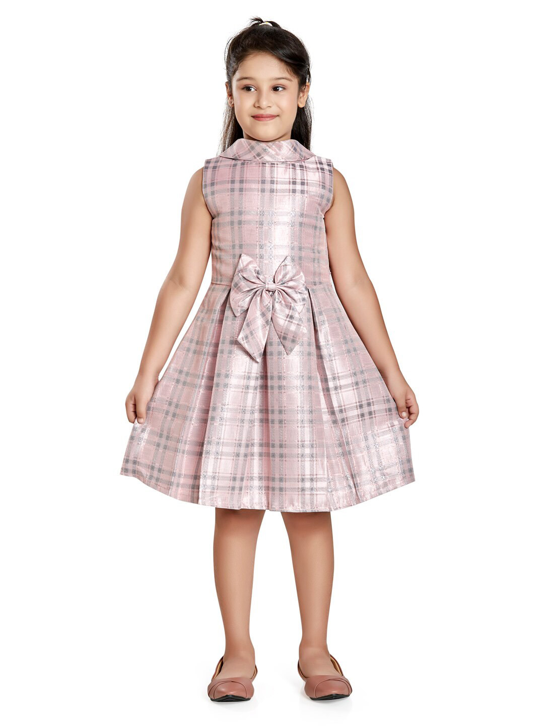 Peppermint Champagne Checked Jacquard Dress with Bow Details