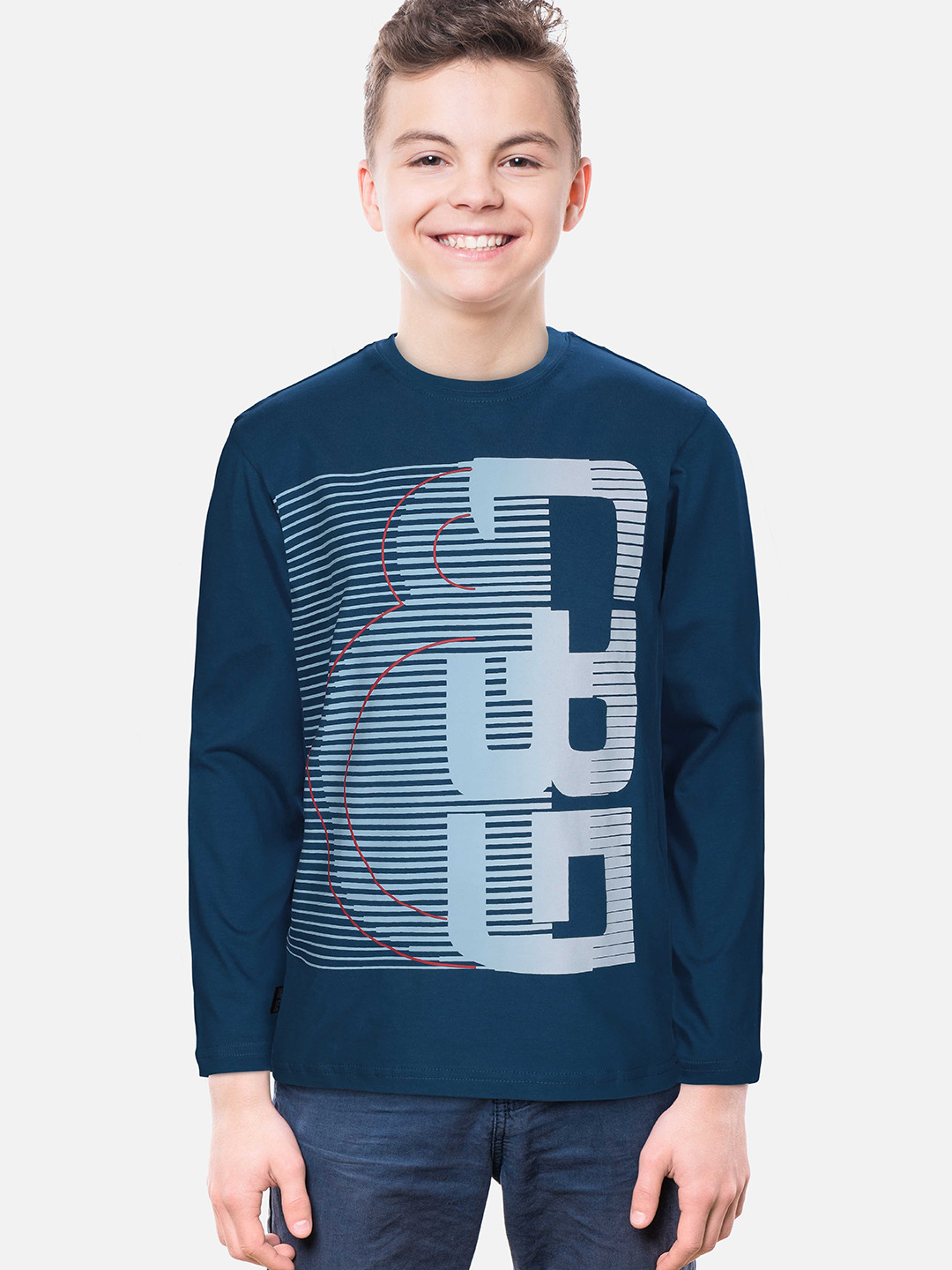 Gini and Jony Kids-Boys Teal Typography Striped T-shirt