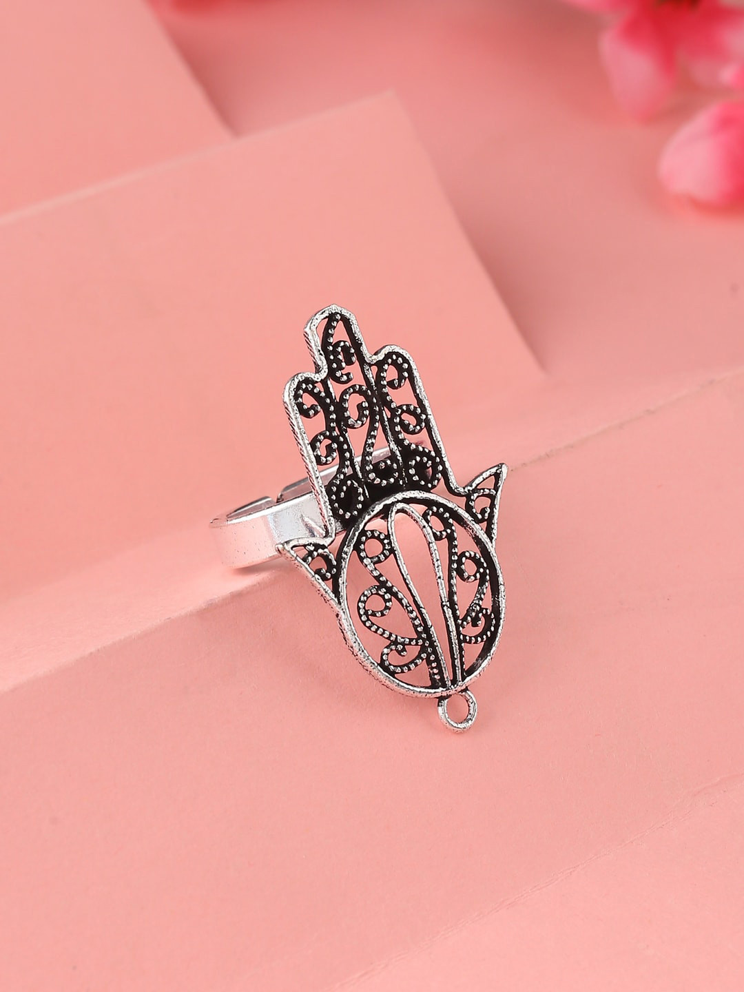 kashwini Silver-Plated & Hamsa Design Adjustable Finger Ring