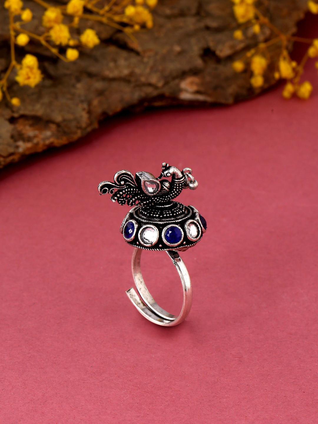 kashwini Silver-Plated Black Stone-Studded Peacock Design  Adjustable Finger Ring