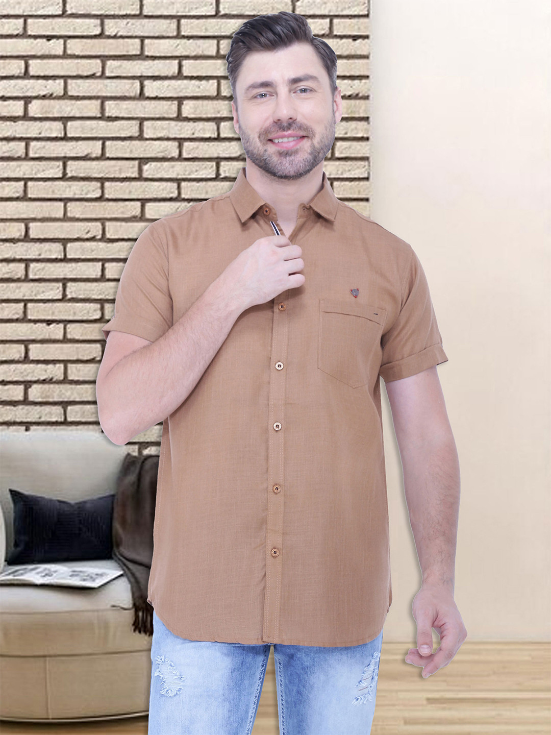 Kuons Avenue Men Camel Brown Smart Slim Fit Casual Shirt