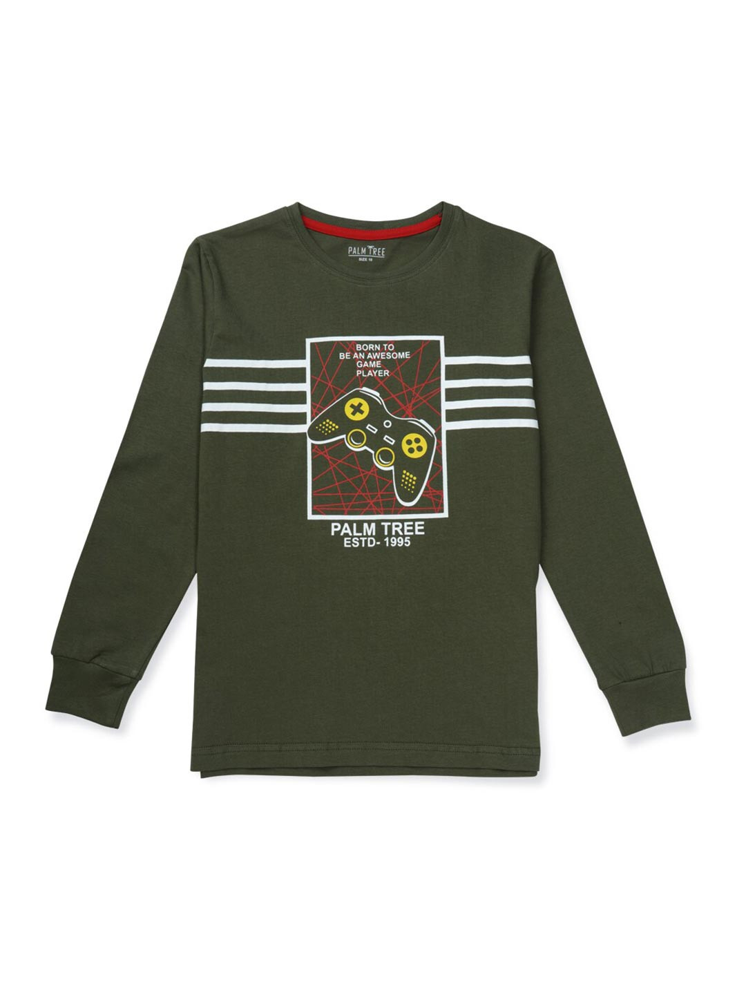 Palm Tree Boys Olive Green Full Sleeve Printed T-shirt
